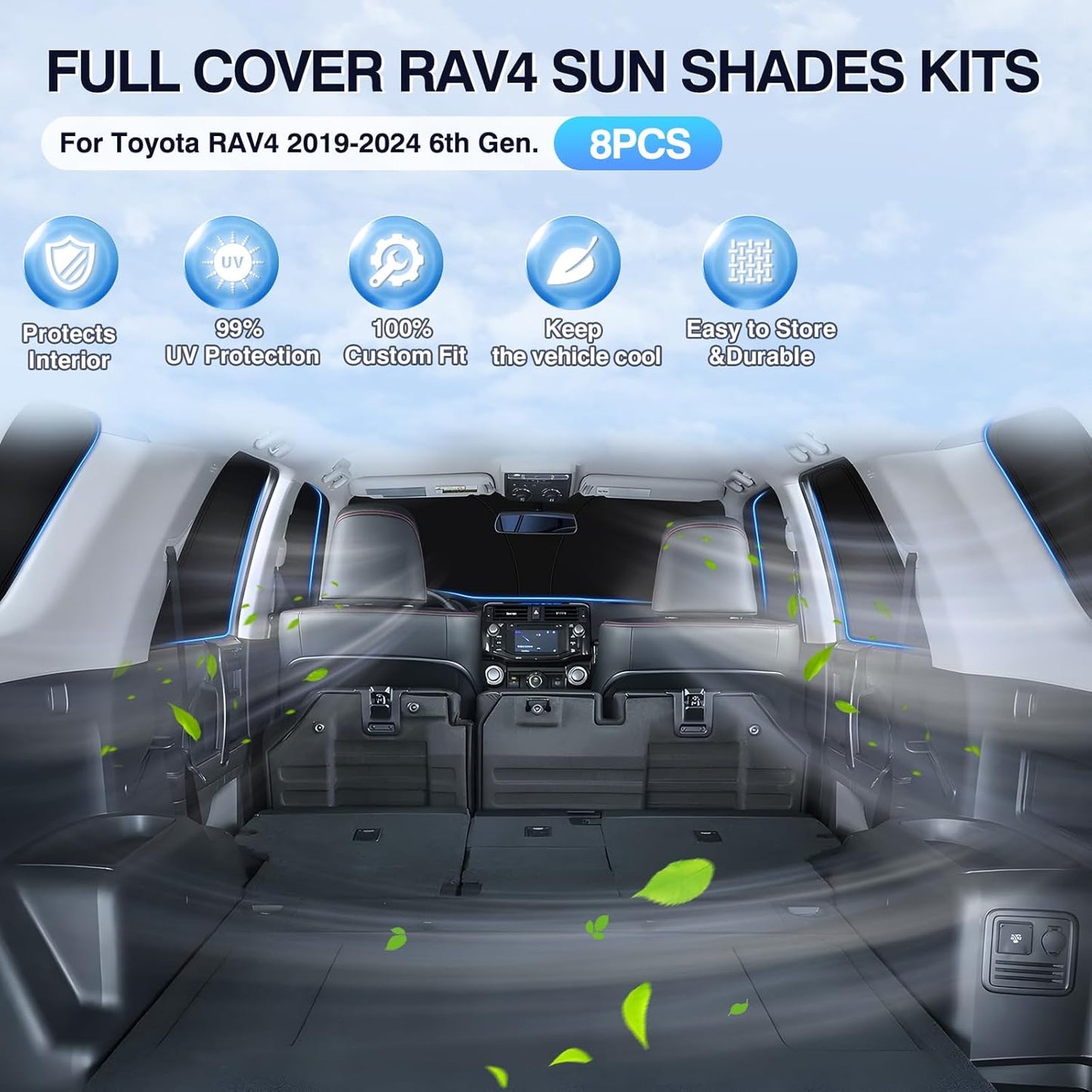 Sunsdrew 8PCS Foldable Sun Shade for 2019-2025 Toyota RAV4 Accessories Car Windshield&Side Windows Shade Cover Kit-Blocks 99% UV&Heat Privacy Protection Keeps RAV4 Cool Black