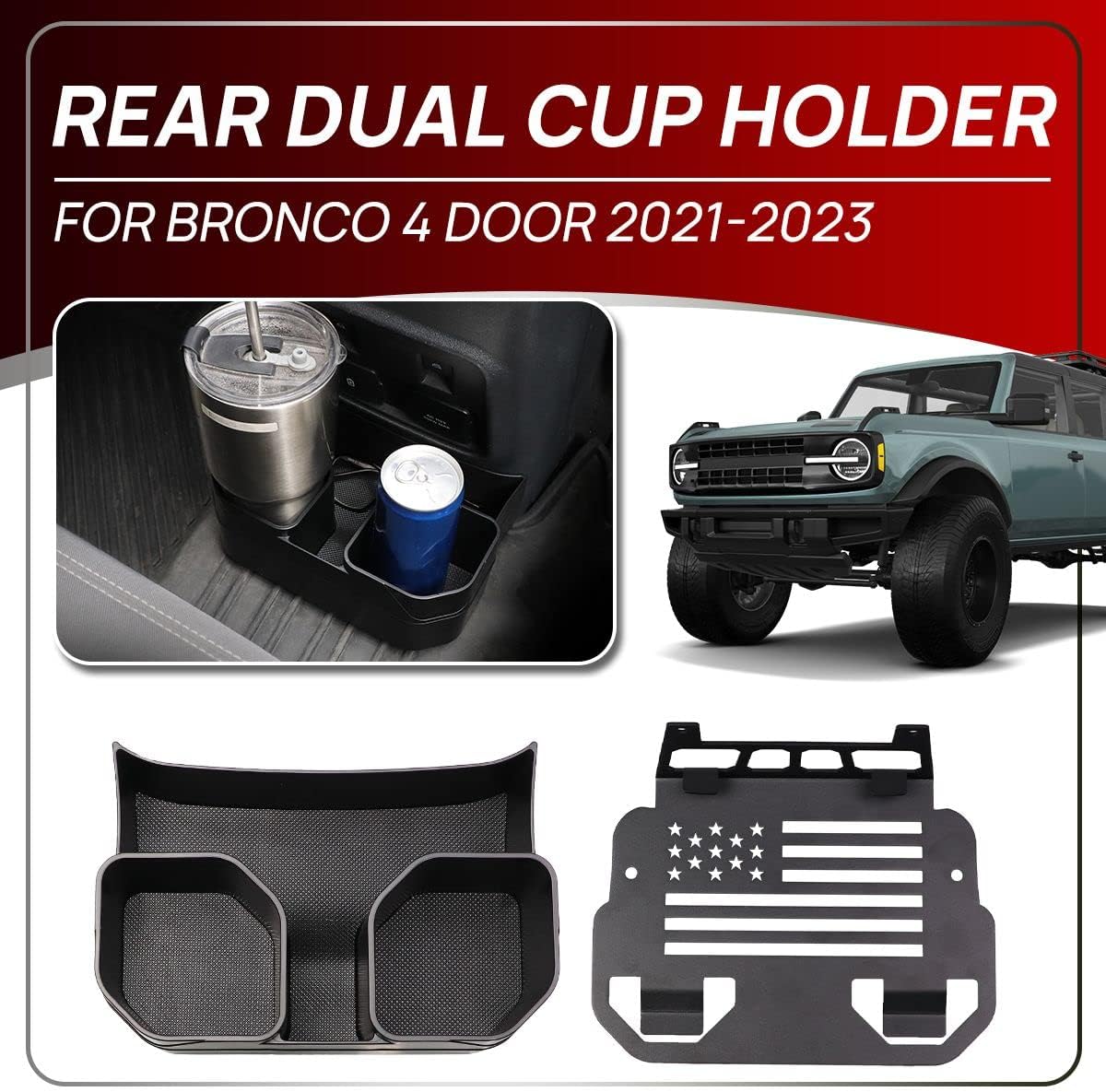 Xomzema Removable Rear Dual Cup Holder, Car Back Seat Drink Holder Water Bottle Holder Storage Tray Holder Organizer Accessories for Ford Bronco Offroad 4 Door 2021 2022 2023
