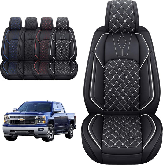 YIERTAI Chevy Silverado GMC Sierra Seat Covers Custom Fit 2007-2025 1500 2500 3500 HD Pickup Truck Crew Double Cab Waterproof Leather Front Car Cushions(2 PCS Front, Black-White)