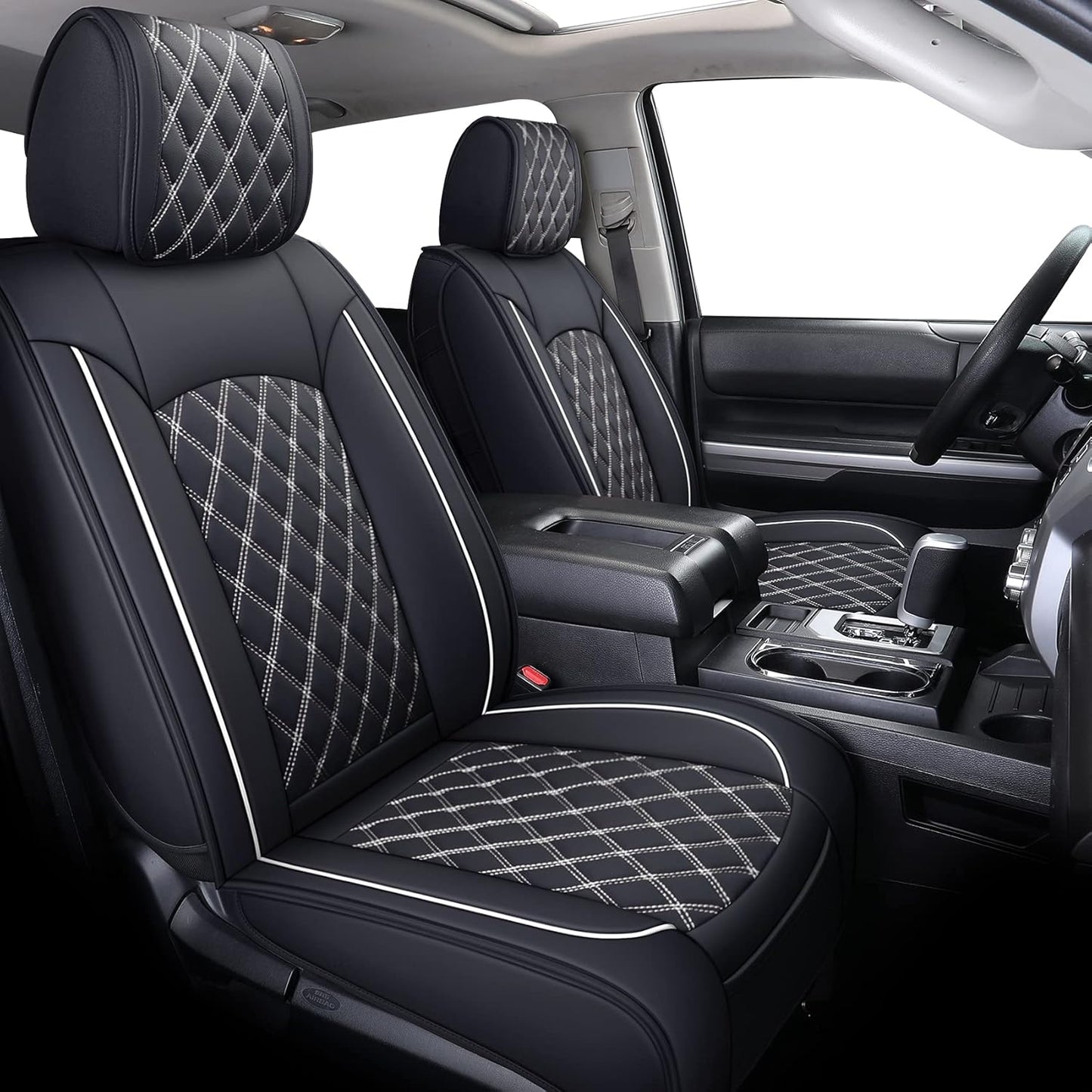 YIERTAI Seat Covers Compatible with 2008-2022 2023 2024 2025 Toyota Tundra Crewmax Double Extended Cab Regular Cab Pickup Waterproof Leather(2 PCS Front/Black-White)