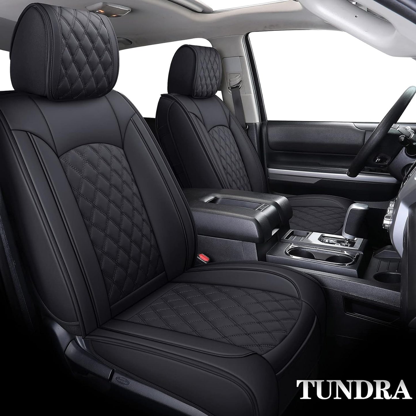 YIERTAI Seat Covers Compatible with 2008-2022 2023 2024 2025 Toyota Tundra Crewmax Double Extended Cab Regular Cab Pickup Waterproof Leather(2 PCS Front/Black-White)