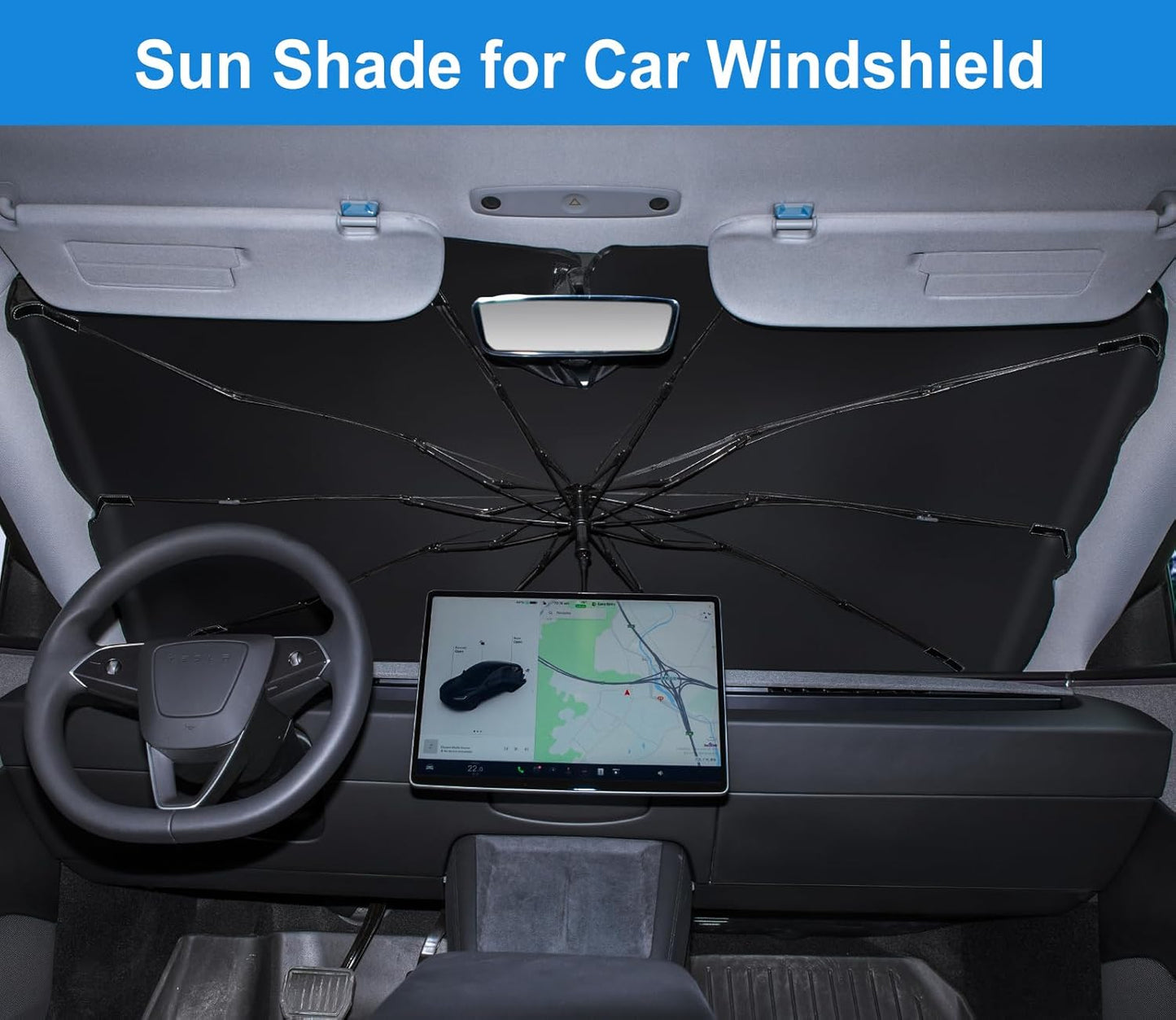 Spurtar Sunshade Umbrella Fit for Tesla Model 3 / Model Y, Rustproof Car Window Shades Upgraded Fiberglass Automotive Windshield Foldable Accessories UV Block Heat Window Insulation Protection 57"x34"