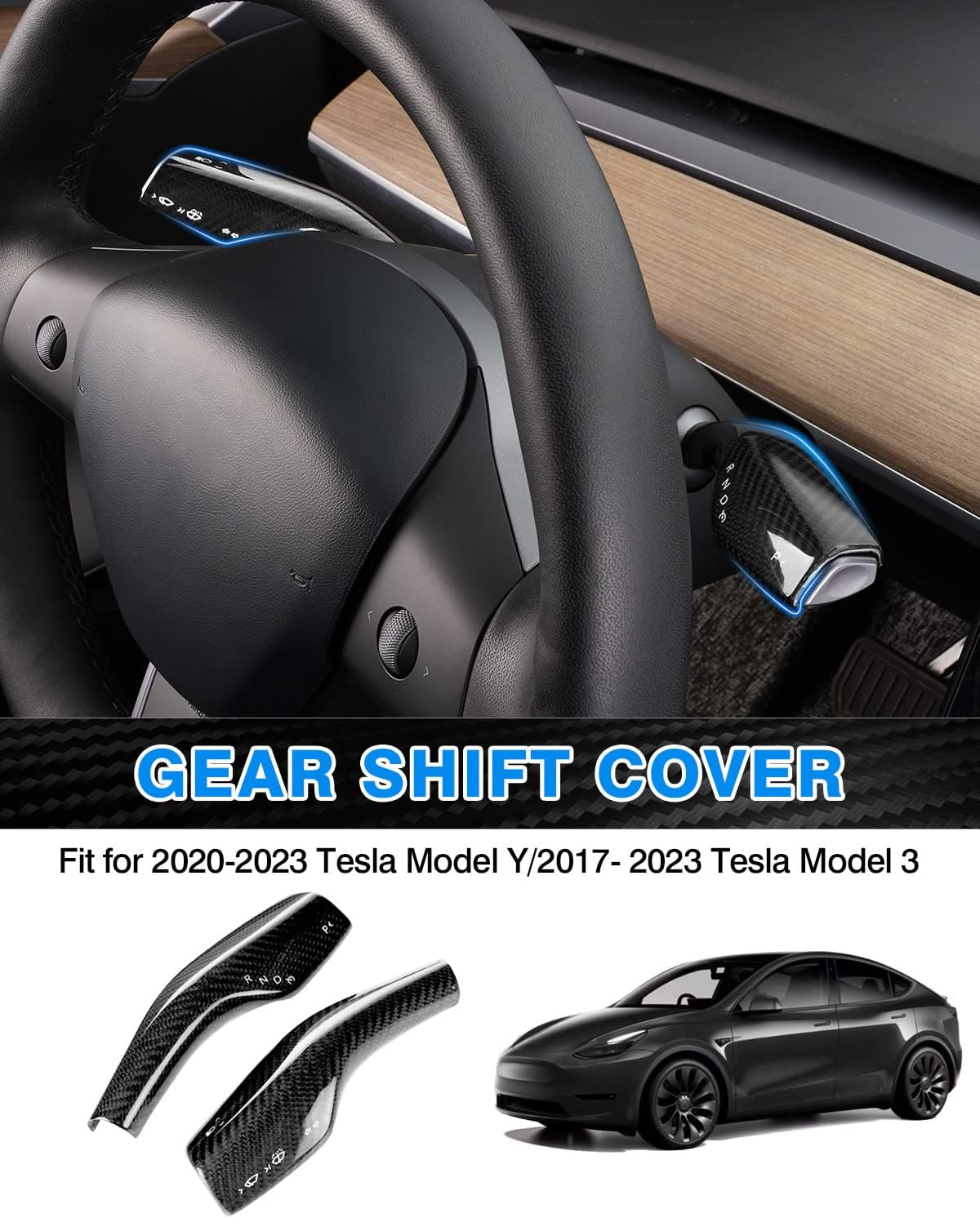 Shademax 2PCS Real Carbon Fiber Steering Lever Gear Shift Cover for Tesla Model Y 2020-2024 2025/2017-2024 Tesla Model 3 Accessories Column Steering Lever Cover Steering Wheel Decorative