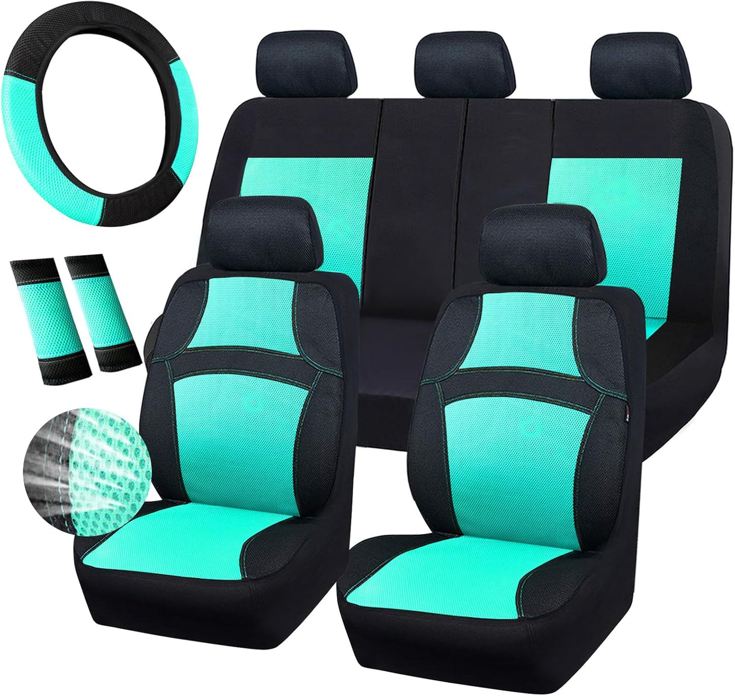 CAR PASS Universal 13PCS 3D Air Mesh-100% Breathable Seat Covers Full Sets#Steering Wheel&Belt Cover #Airbag and Rear Split Bench Compatible#for 90% Automotive SUV Truck Cute Women Black Mint