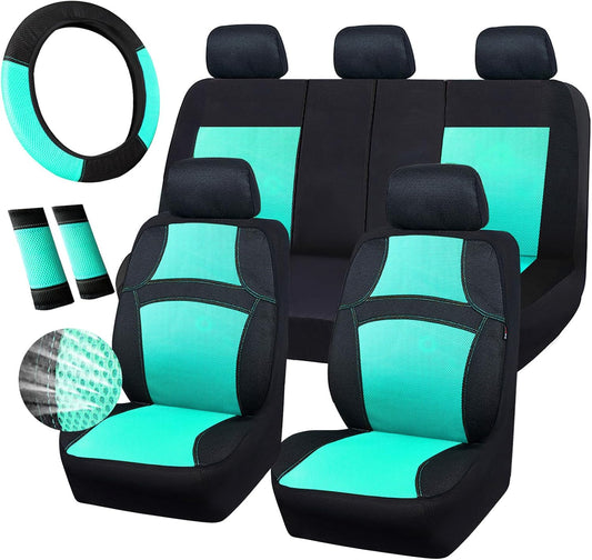 CAR PASS Universal 13PCS 3D Air Mesh-100% Breathable Seat Covers Full Sets#Steering Wheel&Belt Cover #Airbag and Rear Split Bench Compatible#for 90% Automotive SUV Truck Cute Women Black Mint