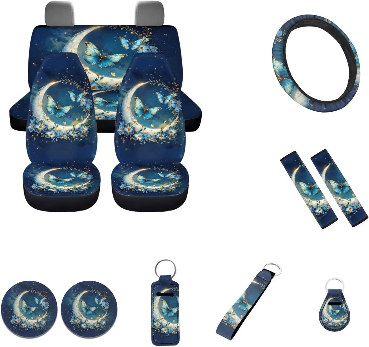 Wideasale Blue Camo Oak Hunting 12Pc Car Seat Covers Full Set/Steering Wheel Covers/Seat Belt Pads/Key Chain/Coaster/Lipstick Holder Universal Auto Accessories Interior Protector Universal Fit