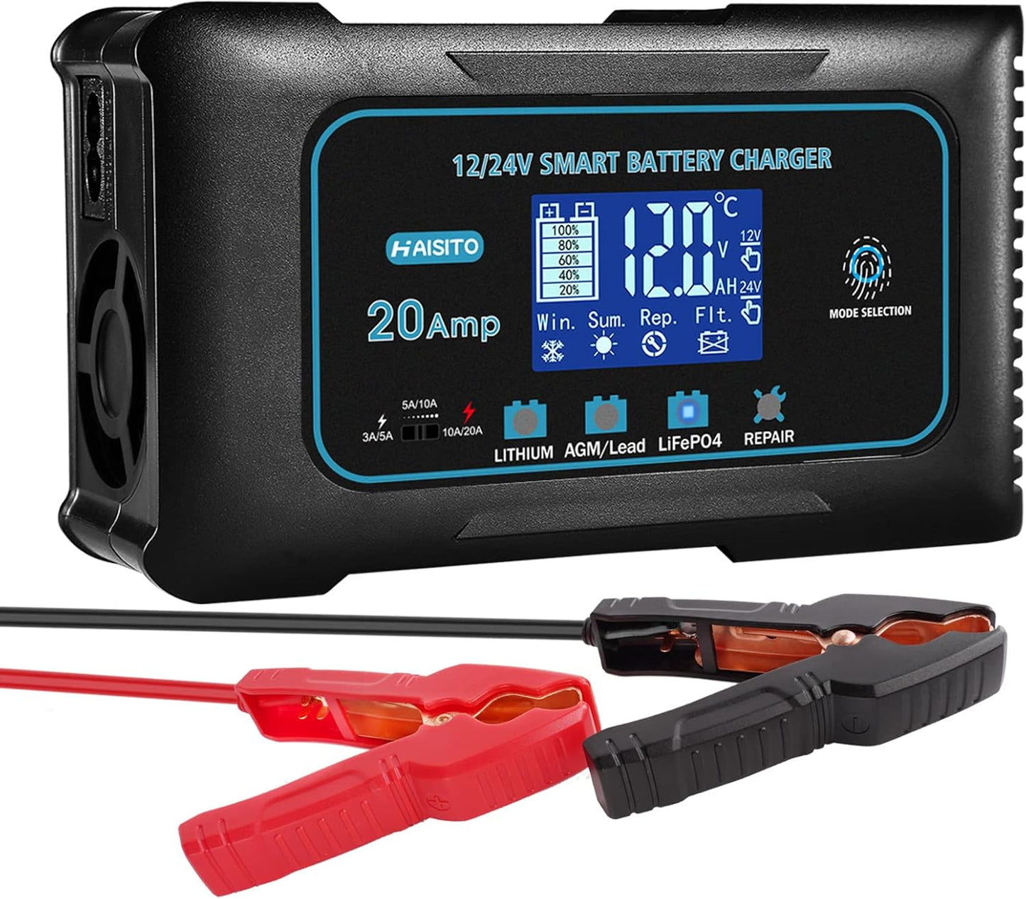 Battery Charger 0-20A 12V and 24V Lithium, LiFePO4, Lead Acid (AGM/Gel/SLA), Smart Car Battery Charger and Maintainer, Trickle Charger with Pulse Repair for Cars, Boats, Marine, Motorcycles