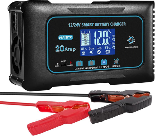 Battery Charger 0-20A 12V and 24V Lithium, LiFePO4, Lead Acid (AGM/Gel/SLA), Smart Car Battery Charger and Maintainer, Trickle Charger with Pulse Repair for Cars, Boats, Marine, Motorcycles