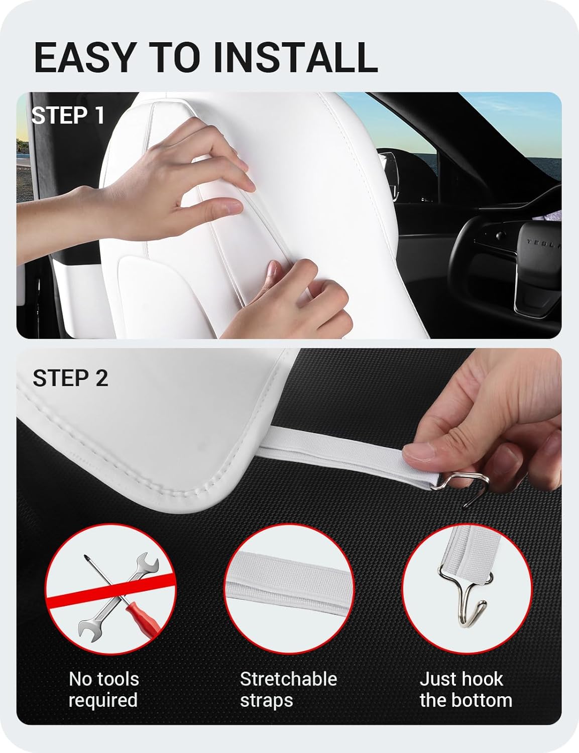 BASENOR 2025 2026 Upgraded Tesla Model 3/Y/S/X Leather Seat Back Kick Protector, Backseat Mats for Kids (Extra Organizer Pocket) Waterproof Scratchproof Resistant Protection White (Set of 2)