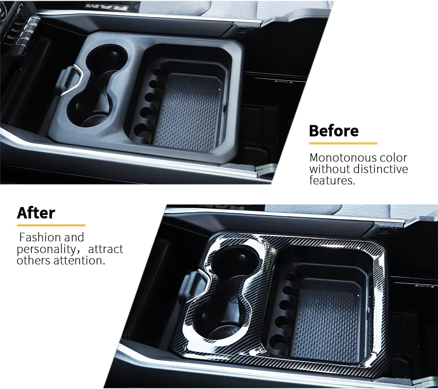 SQQP Carbon Fiber Center Console Dashboard Front Armrest Cup Holder Panel Cover Fit for 2019-2024 Dodge RAM 1500 2500 3500