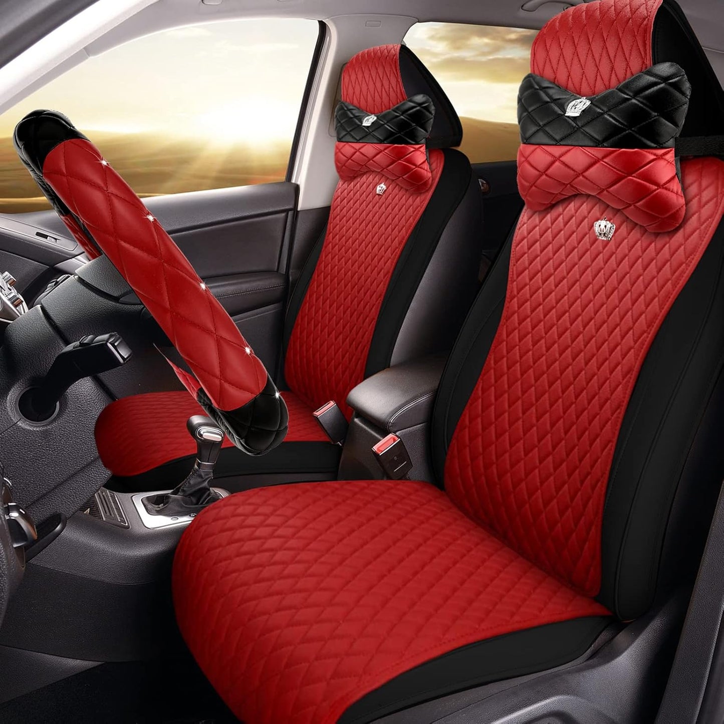 Lauwell 11 Pcs Red Seat Covers Universal Leather Cover for Women 2/3 Covered Gorgeous Steering Wheel Car Neck Pillow Belt Pads Start Button Auto Cup Holder Fit SUV