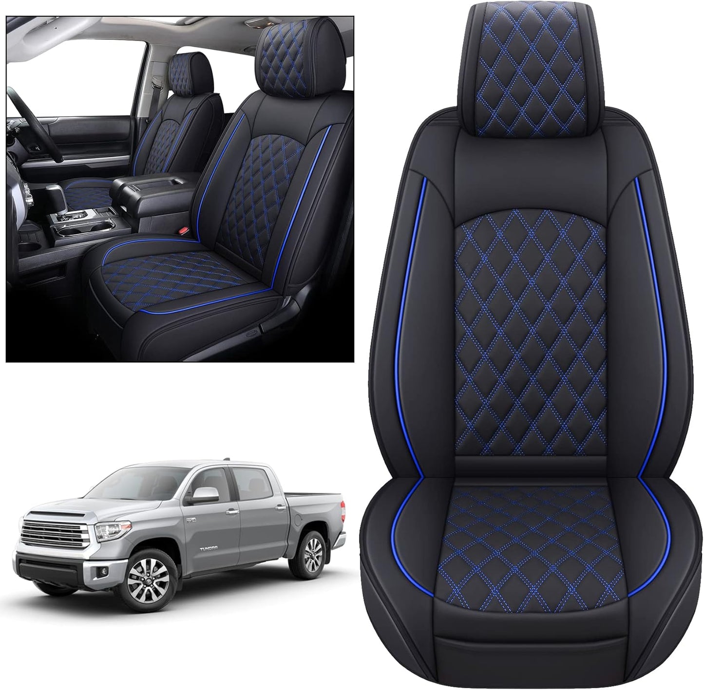 YIERTAI Seat Covers Compatible with 2008-2022 2023 2024 2025 Toyota Tundra Crewmax Double Extended Cab Regular Cab Pickup Waterproof Leather(2 PCS Front/Black-White)