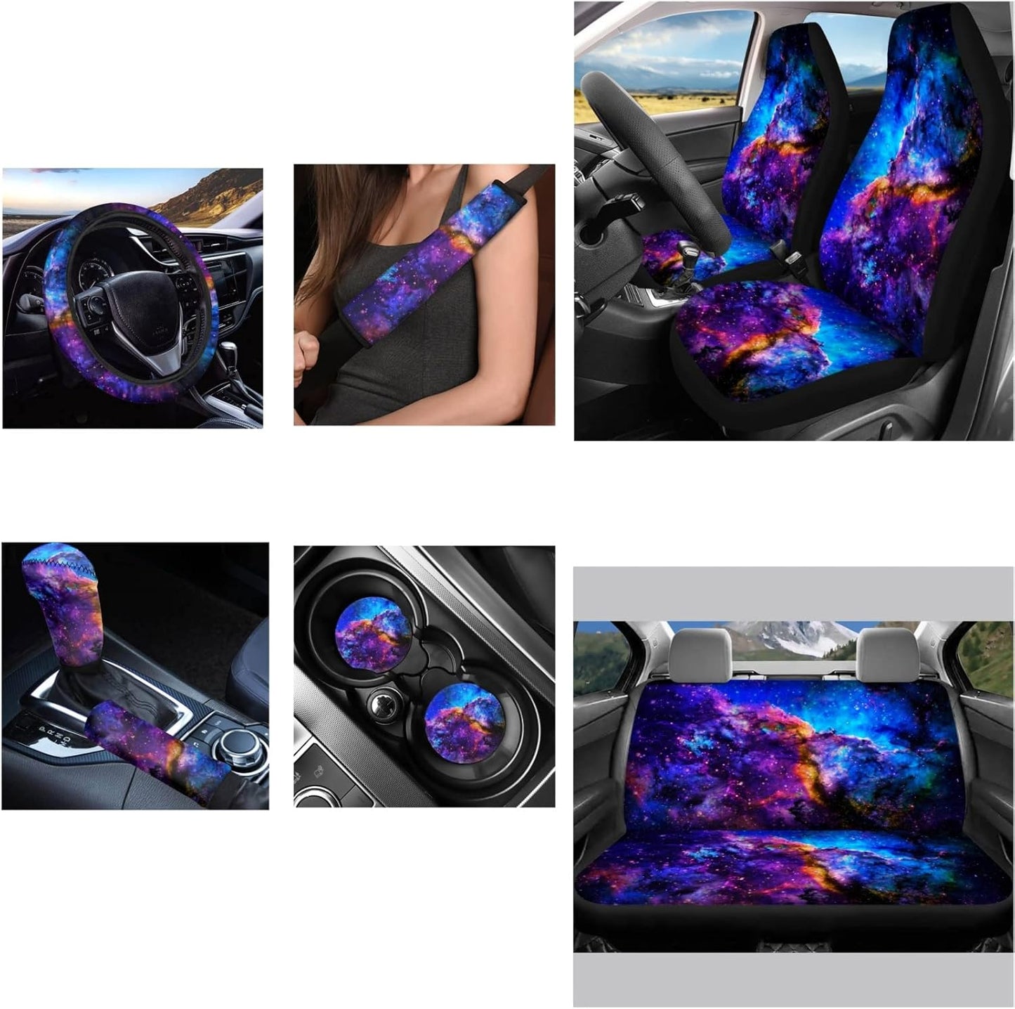 AFPANQZ Nebula Galaxy Car Seat Covers with Steering Wheel Cover, Seat Belt Shoulder Pads, Cup Holder Coasters, Gear Shift Knob and Handbrake Protector Cushion Full Set of 11 for Men Women Gift Navy