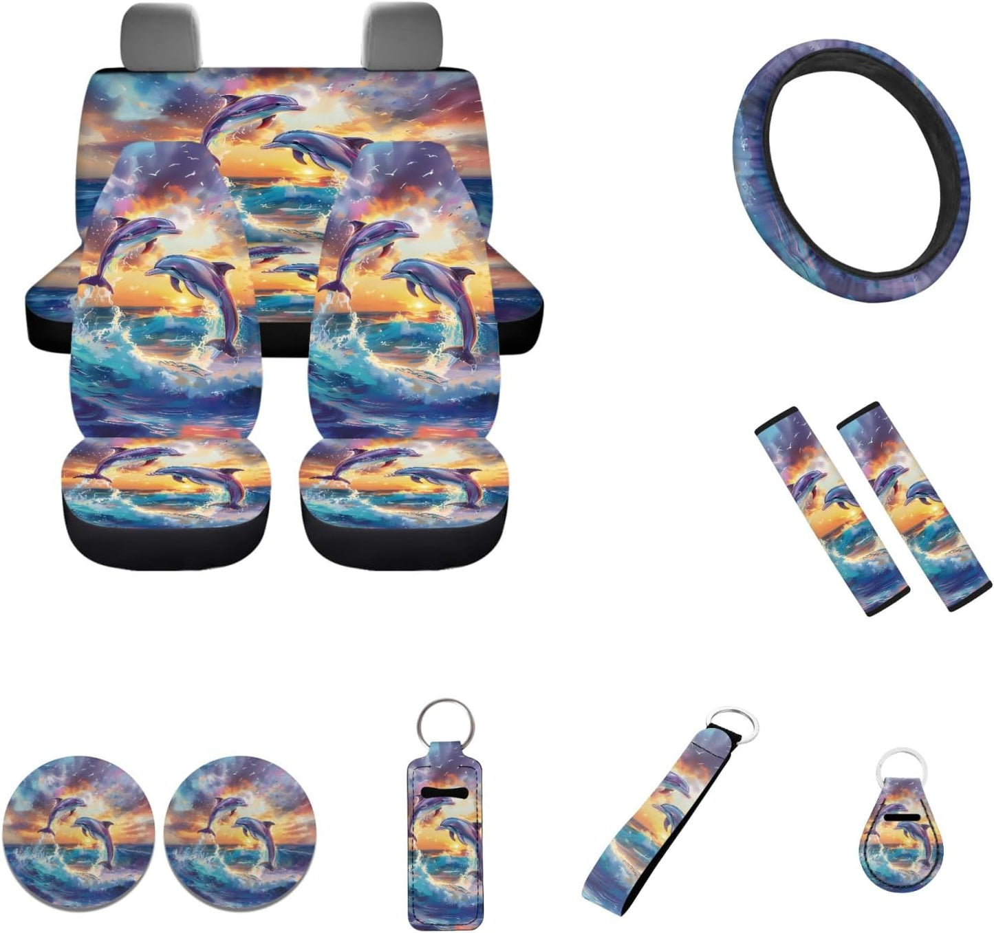 Wideasale Blue Camo Oak Hunting 12Pc Car Seat Covers Full Set/Steering Wheel Covers/Seat Belt Pads/Key Chain/Coaster/Lipstick Holder Universal Auto Accessories Interior Protector Universal Fit