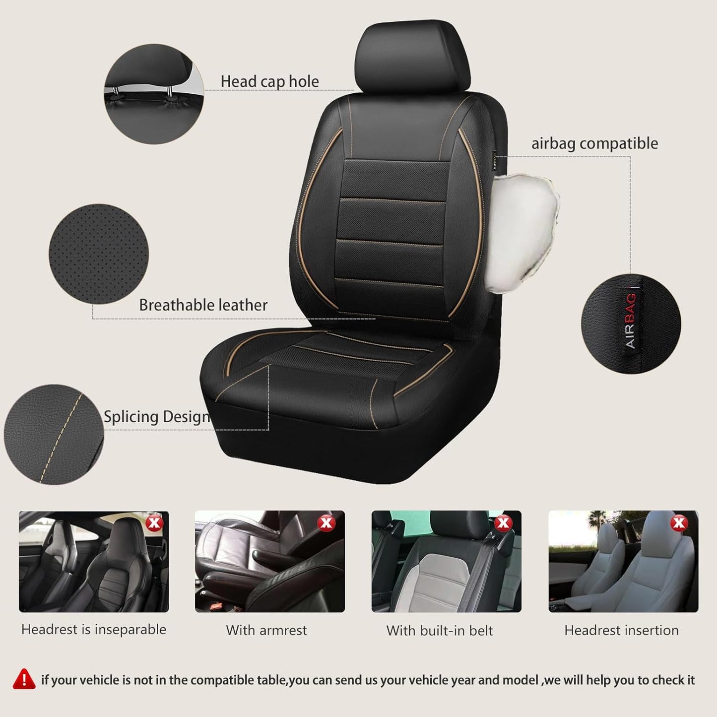 CAR PASS Universal FIT Piping Leather Car Seat Cover, for suvs,Van,Trucks,Airbag Compatible,Inside Zipper Design and Reserved Opening Holes (Full seat Covers, Black and Beige)