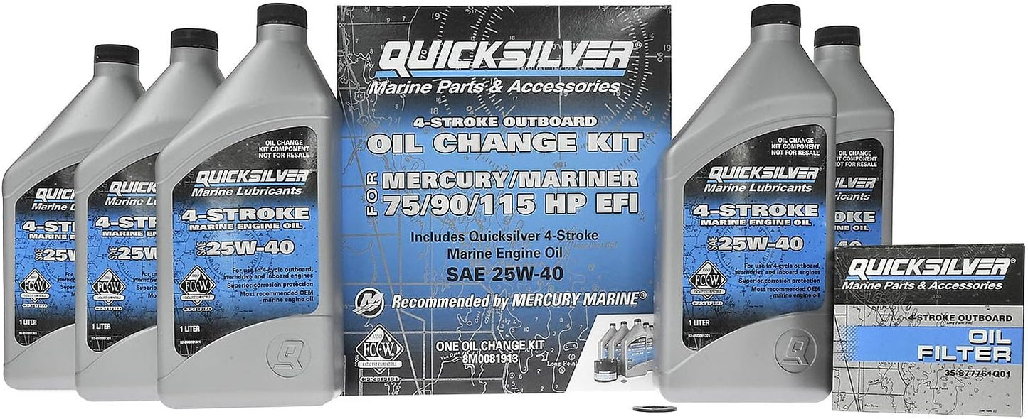 Quicksilver 4-Stroke Oil Change Kit – for Mercury Outboard Engines – 15, 20, 25, 30, 40, 50, 60, 75, 90, 115, 150, 175, 200, 225, 250, 300, 350, 400 HP