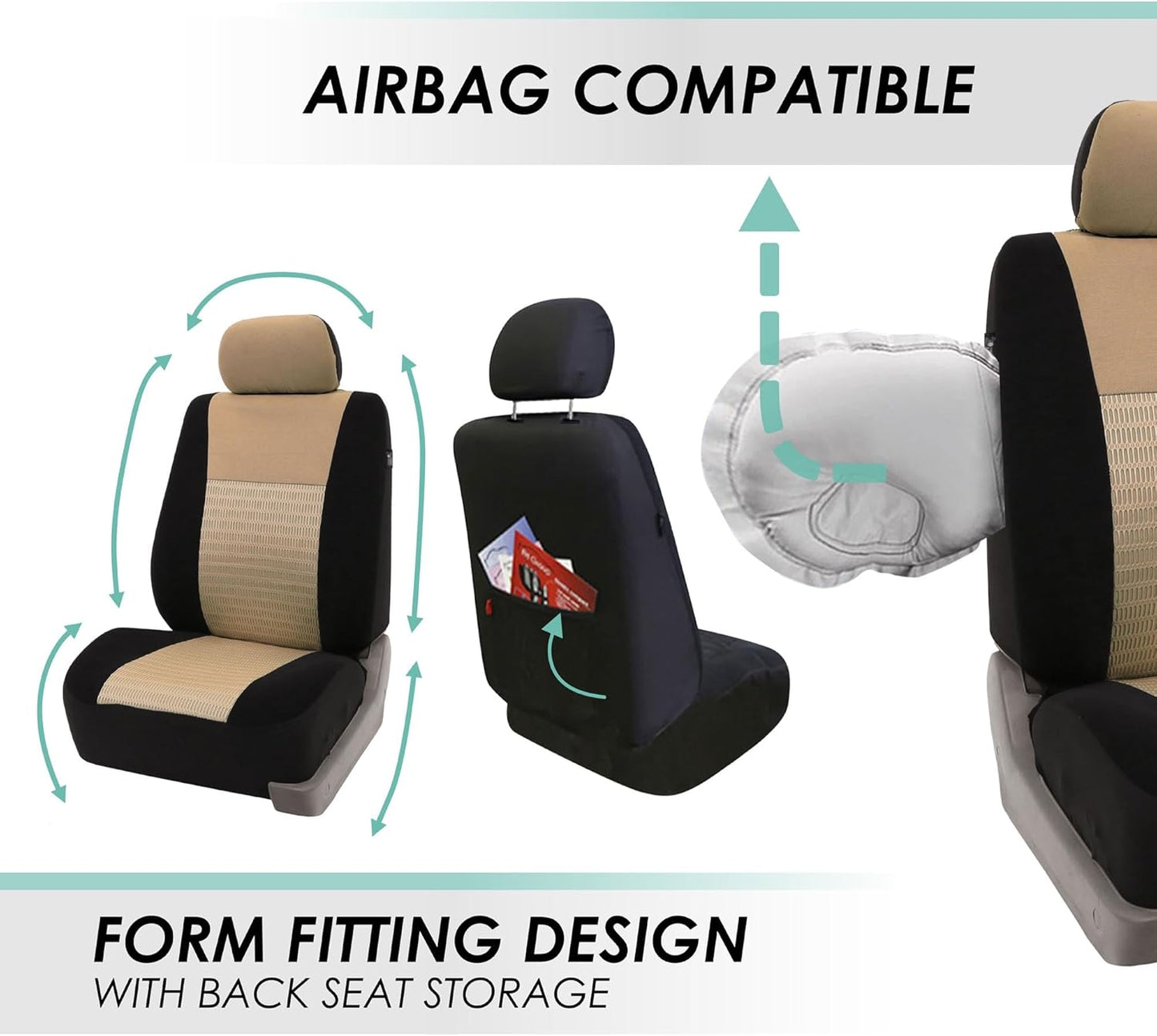 FH Group Car Seat Covers Three Row Set 7 Headrest Covers Car Accessories Universal Fit, Trendy Elegance 3D Air Mesh Airbag Compatible and Split Ready Beige Interior Accessories for Cars Trucks SUV
