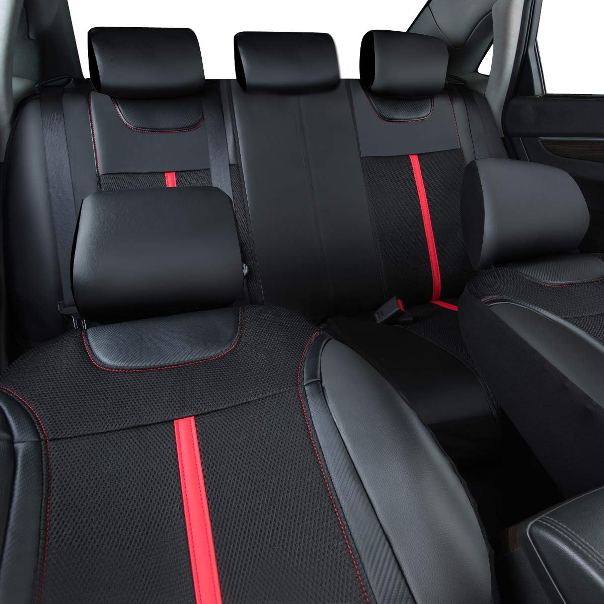 CAR PASS Sporty Carbon Leather Universal Car Seat Cover with Zipper Design, Fit for Suvs, Vans, Sedans, Trucks, Airbag Compatible (Carbon Leather Full Set, Black-Red)
