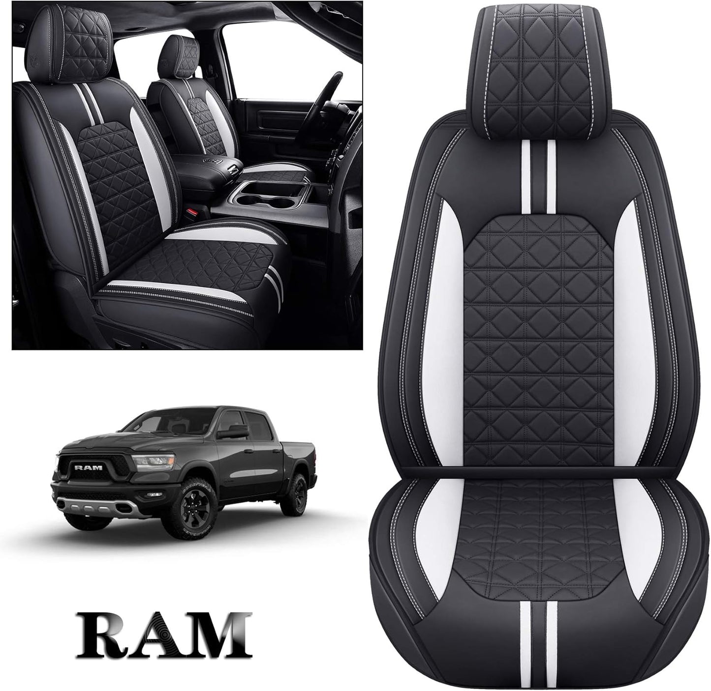 YIERTAI for Dodge RAM Seat Covers Fit 2009-2023 2024 2025 1500 2500 3500HD Crew Double Cab Quad Cab Big Long Horn Rebel Tradesman Laramie Truck Waterproof Leather TSWKM Style(2 PCS Front/Black-White)
