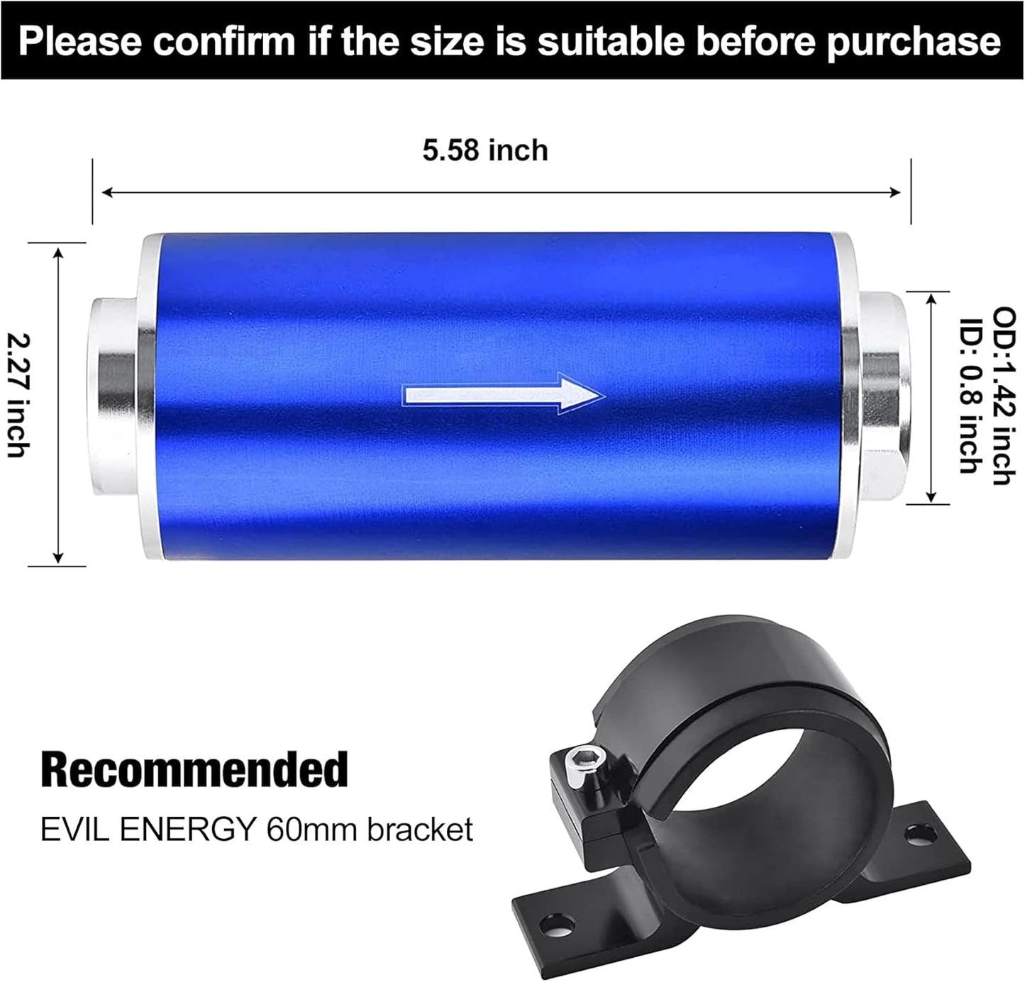 EVIL ENERGY 30 Micron Fuel Filter with 6AN 8AN 10AN Adapter&Bracket Clamp 60MM Universal