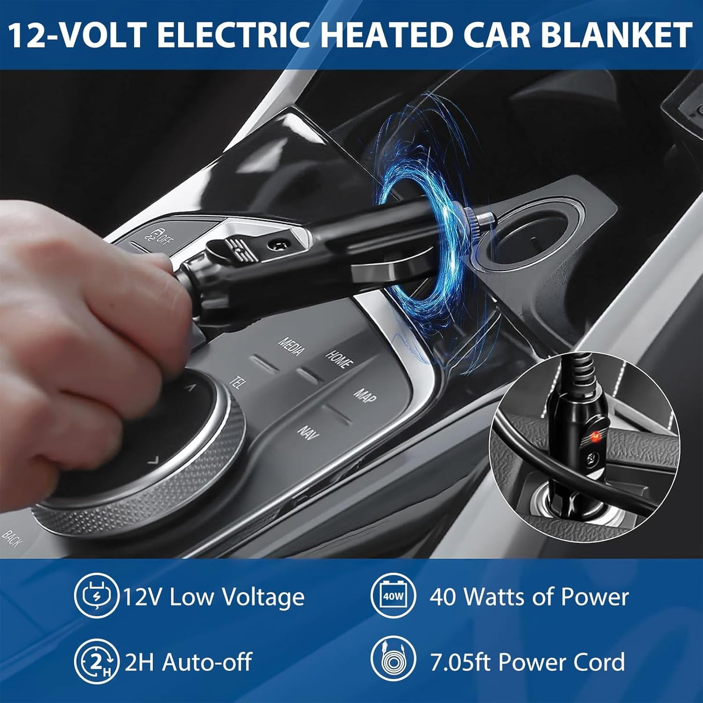 Klaggie Car Heated Blanket - 12-Volt Portable Blanket for Car, Truck, SUV, RV - Soft Flannel and Sherpa - Travel Size 59" x 43"