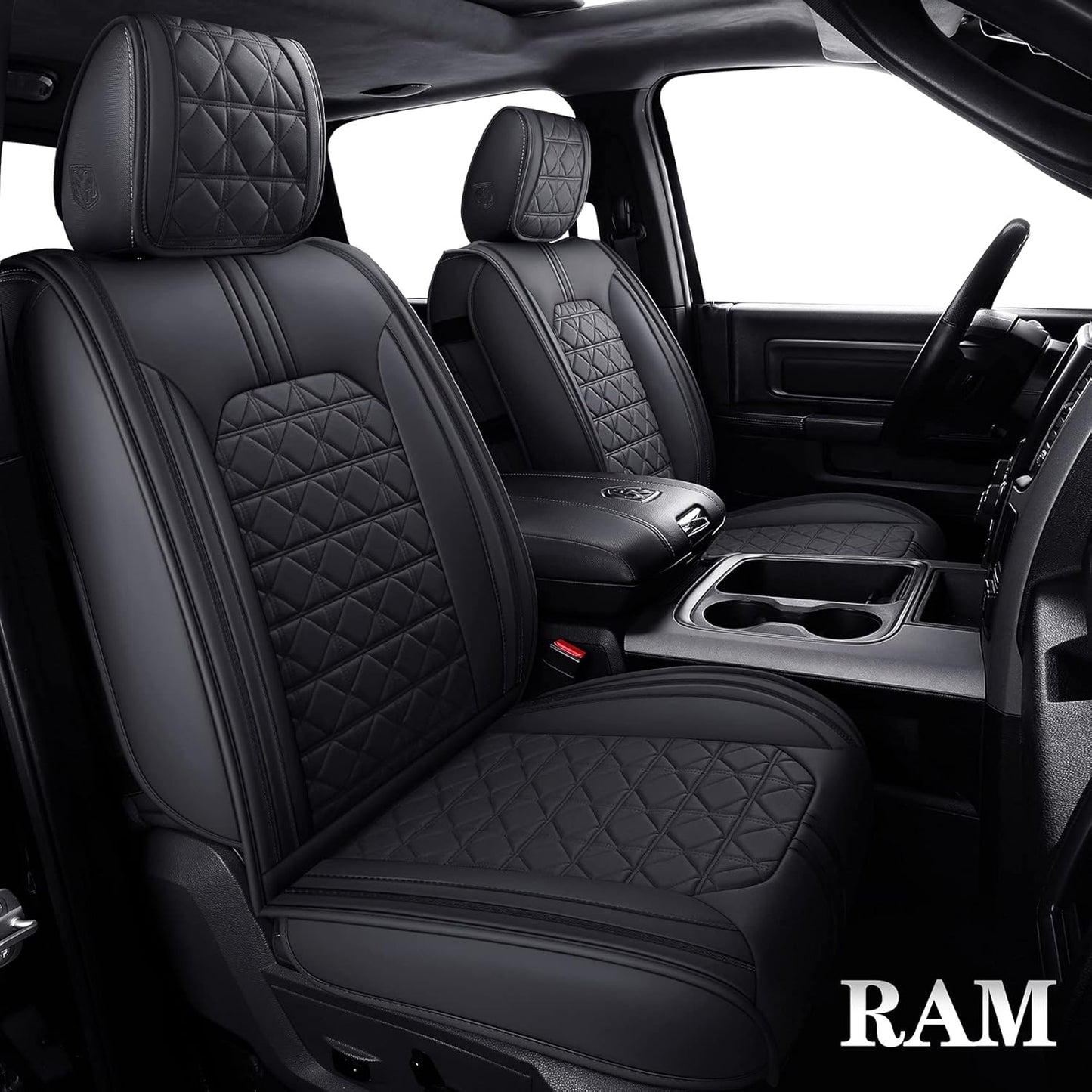 YIERTAI for Dodge RAM Seat Covers Fit 2009-2023 2024 2025 1500 2500 3500HD Crew Double Cab Quad Cab Big Long Horn Rebel Tradesman Laramie Truck Waterproof Leather TSWKM Style(2 PCS Front/Black-White)