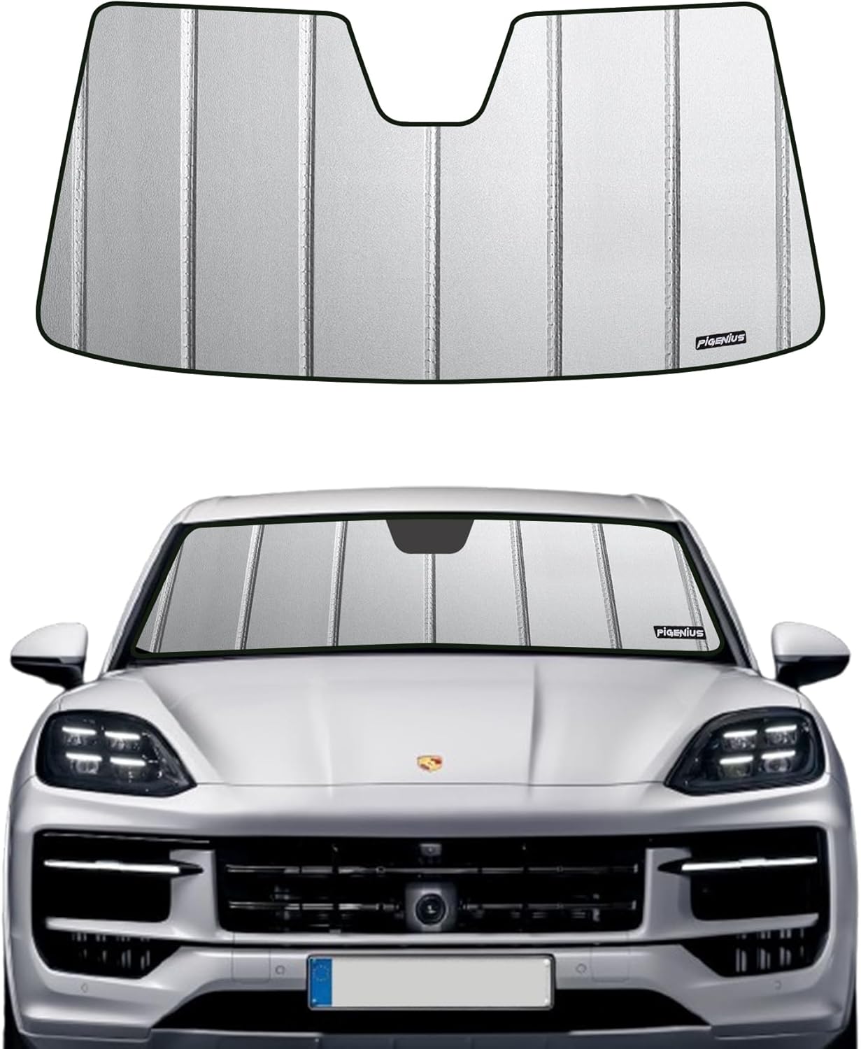 Pigenius Windshield Sun Shade for Porsche Caye-nne 2019-2025,Front Window Sunshade Shield,2-in-1 Reflective Sun Shade,Silver for Summer, Black for Winter