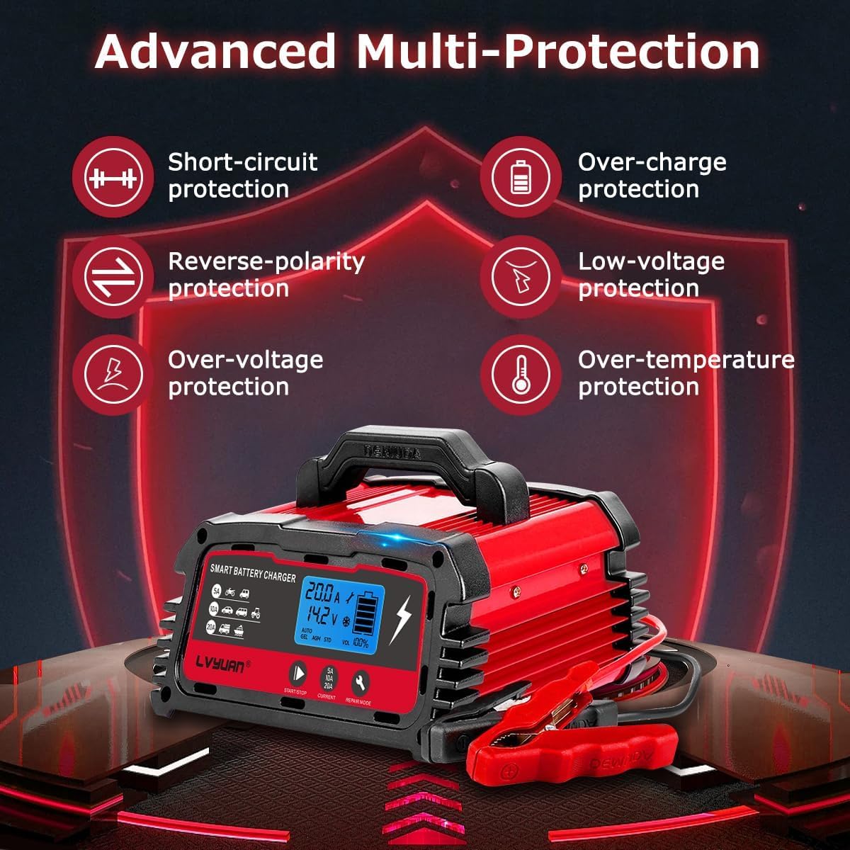 LVYUAN 20A Smart Car Battery Charger, 12V (5/10/20A) and 24V(5/10A) Automotive, Battery Maintainer with LCD Display, Trickle Charger, for Motorcycle, AGM, Lawn Mower and Lead-Acid Batteries