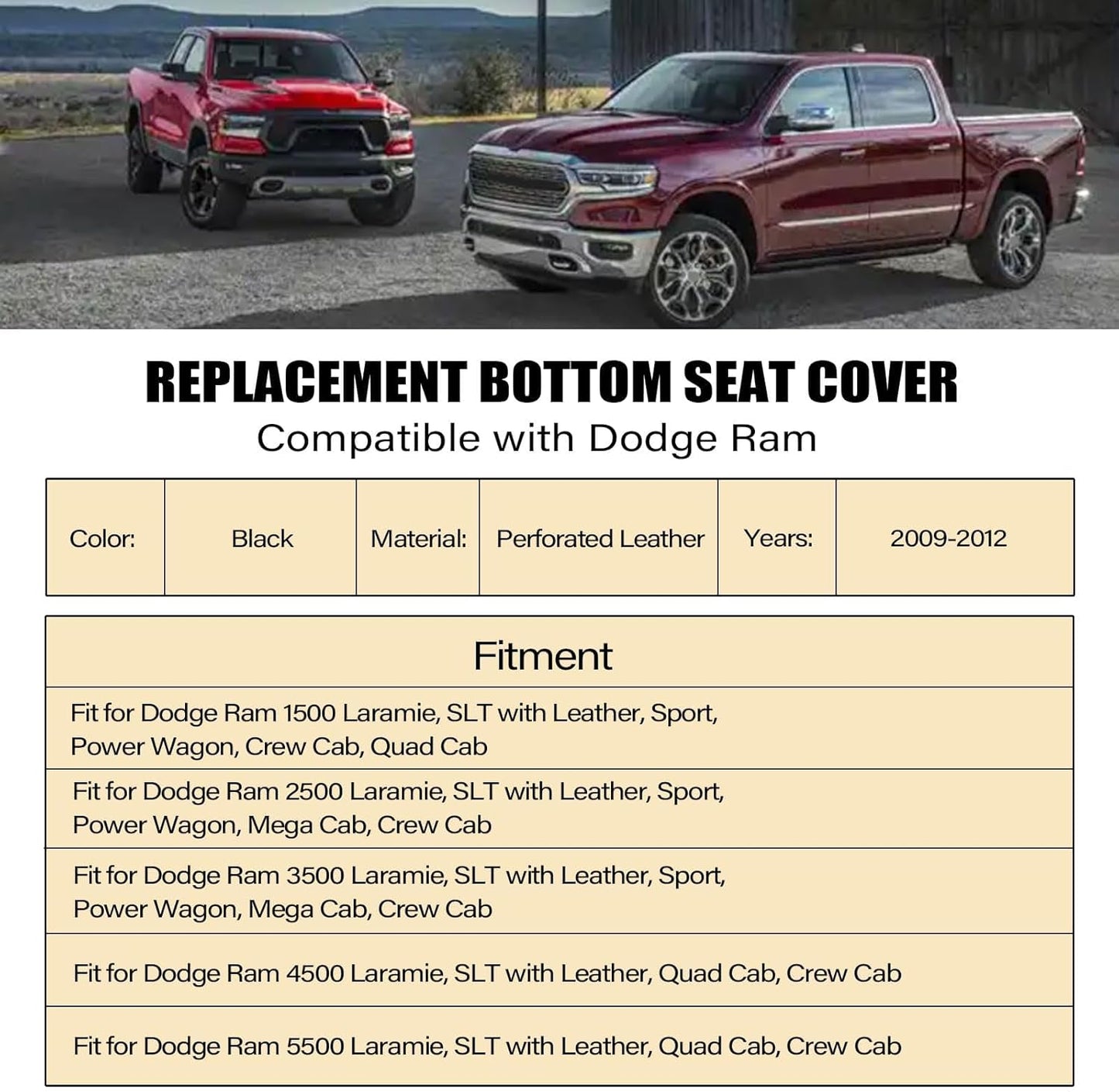 SecosAutoparts Passenger Bottom Replacement Perforated Leather Seat Cover Black Compatible with Dodge Ram 2500 3500 4500 5500 Laramie Sport SLT 2009 2010 2011 2012