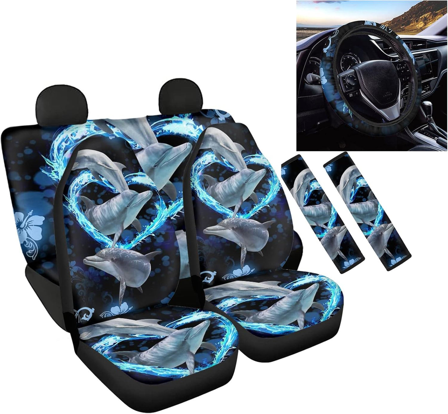 Frestree Sea Dolphin Love Flower Car Seat Covers with Steering Wheel Cover and Safety Seatbelt Pads Universal Fit SUV Truck Sedan Van Bucket Seat Cover 7 Pcs Dolphins Couple Auto Interior Accessories