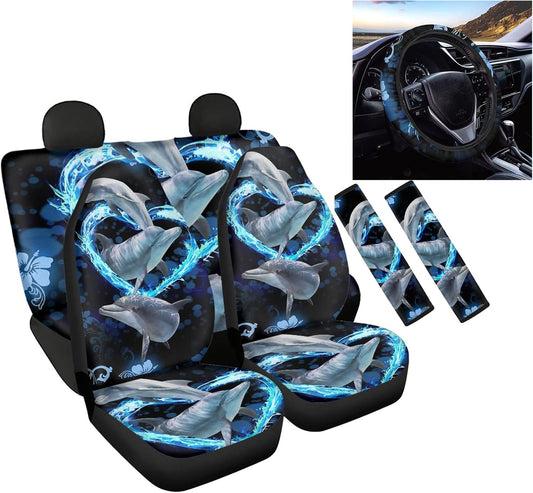 Frestree Sea Dolphin Love Flower Car Seat Covers with Steering Wheel Cover and Safety Seatbelt Pads Universal Fit SUV Truck Sedan Van Bucket Seat Cover 7 Pcs Dolphins Couple Auto Interior Accessories