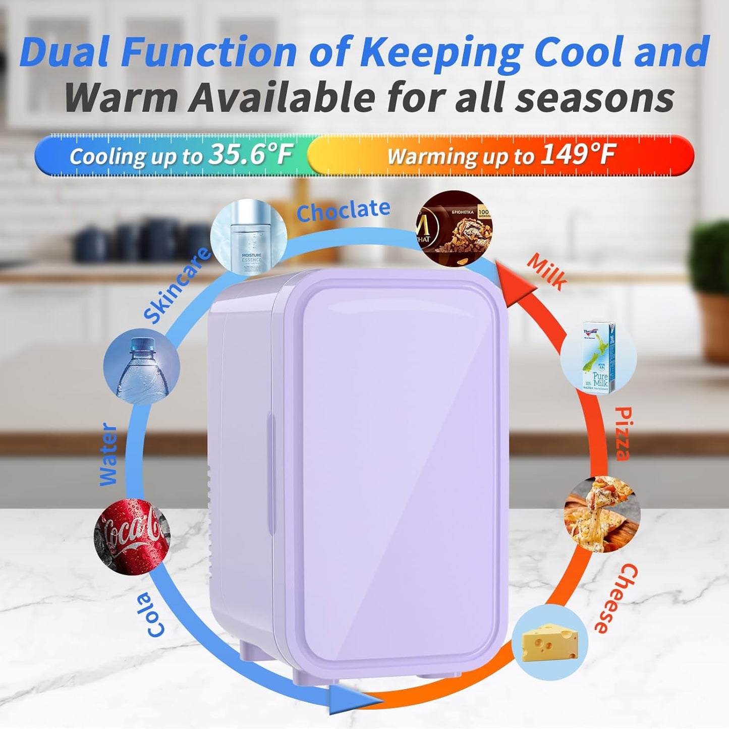 YASHE Mini Fridge, 6 Liter/8 Cans 110V AC/DC Portable Thermoelectric Cooler Refrigerators for Bedroom, Skincare, Beverage, Office, Dorm Room and Car, Purple