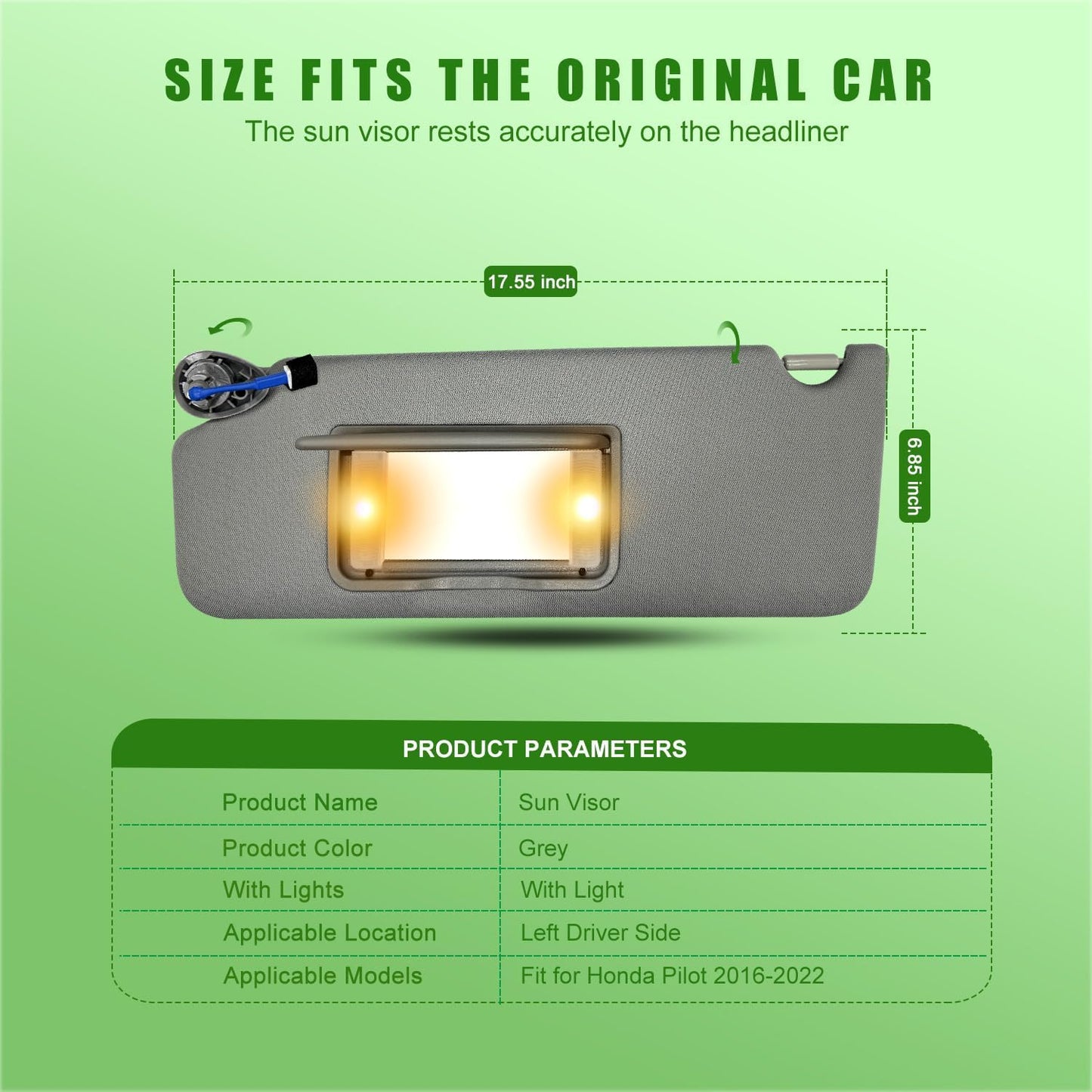 Sun Visor for Honda Pilot 2016 2017 2018 2019 2020 2021 2022 Honda Ridgeline 2018-2020 Replacement Sun Shade # 83280-TG7-A12ZA with Vanity Light/with Makeup Mirror (Gray(Driver Left))