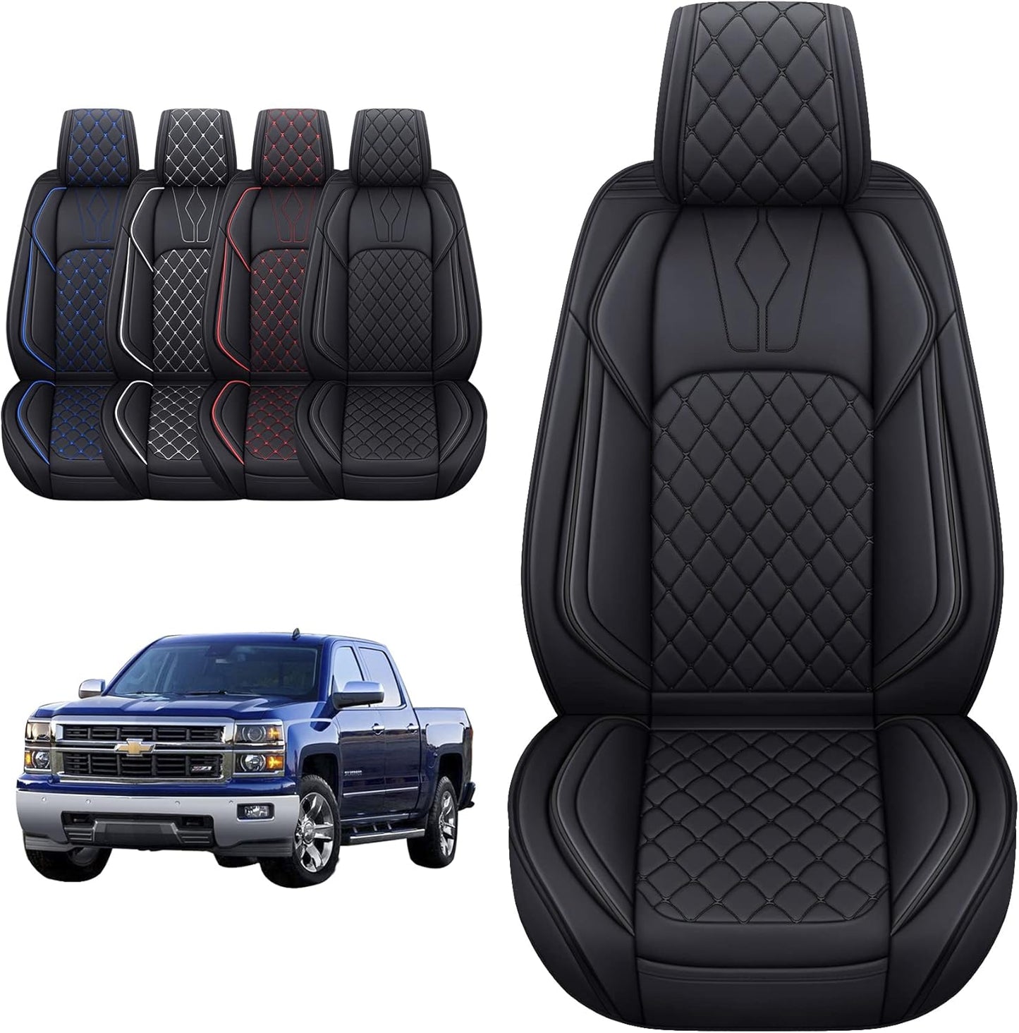 YIERTAI Chevy Silverado GMC Sierra Seat Covers Custom Fit 2007-2025 1500 2500 3500 HD Pickup Truck Crew Double Cab Waterproof Leather Front Car Cushions(2 PCS Front, Black-White)