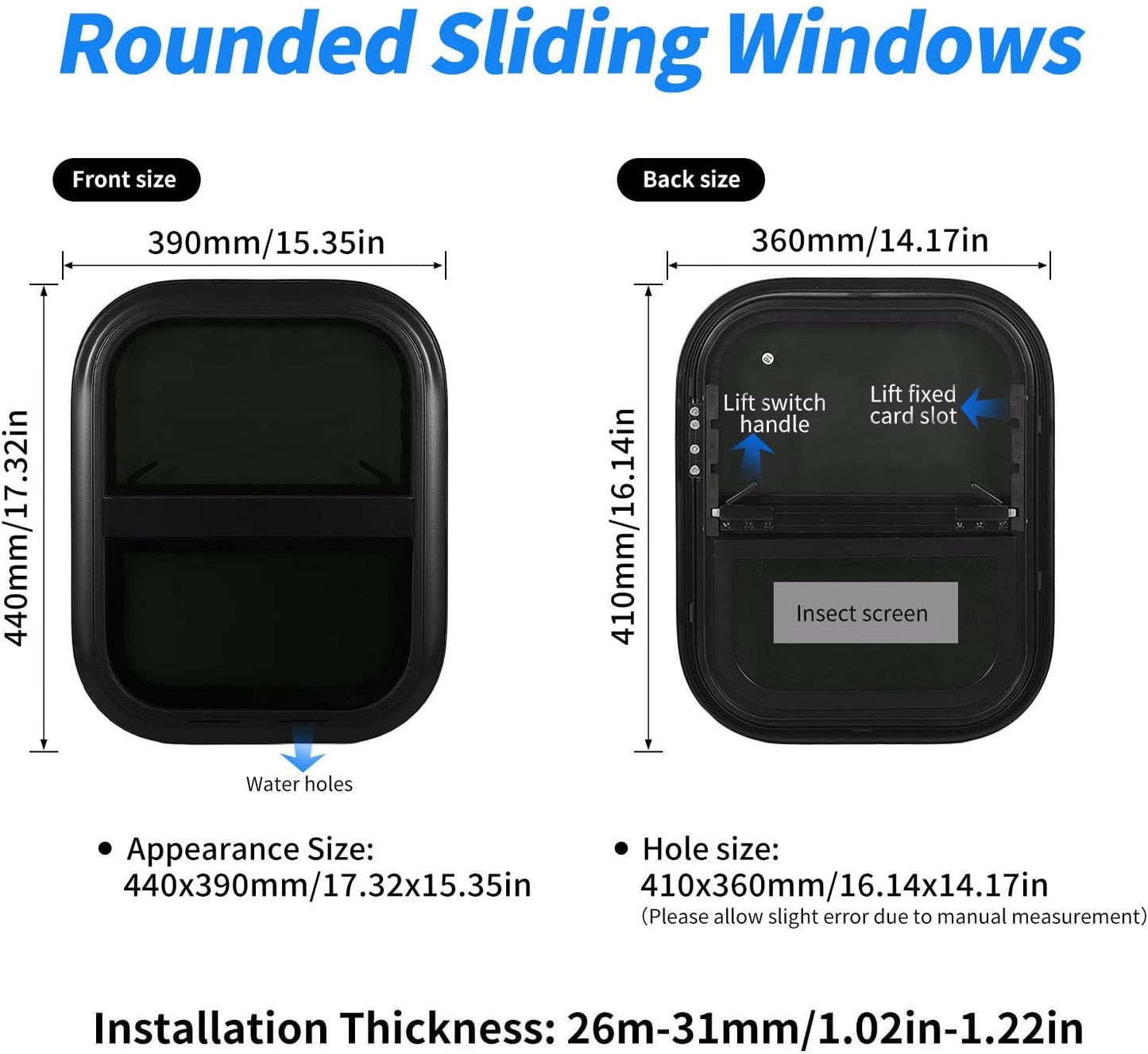 RV Sliding with Screen 440mm H 390mm W Tinted Tempering Glass Waterproof for Motorhome Trailer