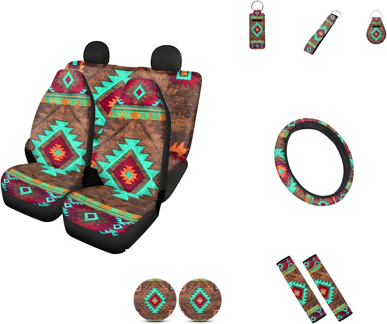 Wideasale Blue Camo Oak Hunting 12Pc Car Seat Covers Full Set/Steering Wheel Covers/Seat Belt Pads/Key Chain/Coaster/Lipstick Holder Universal Auto Accessories Interior Protector Universal Fit
