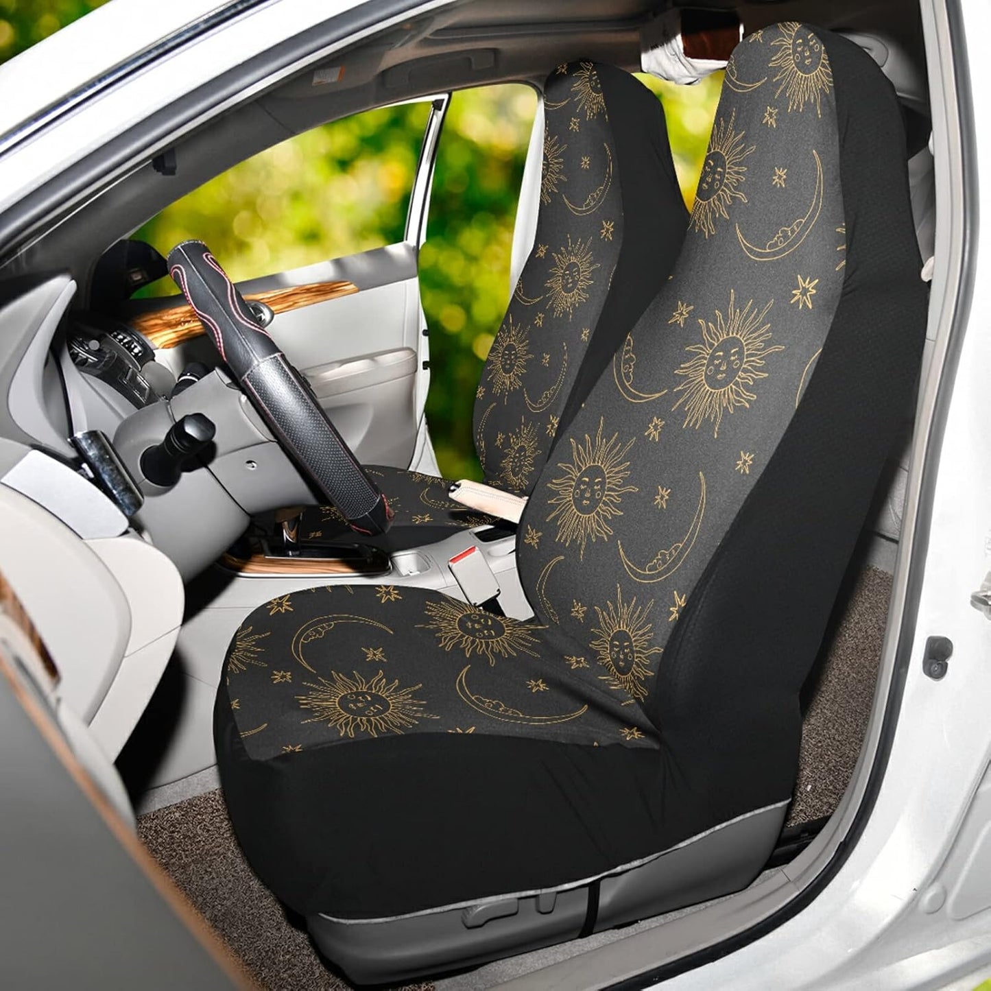 ALAZA Boho Bohemian Sun Moon Car Seat Covers Front Seats Only for Women Men Seat Covers w/Organizer Pocket for Cars SUV Truck Sedan