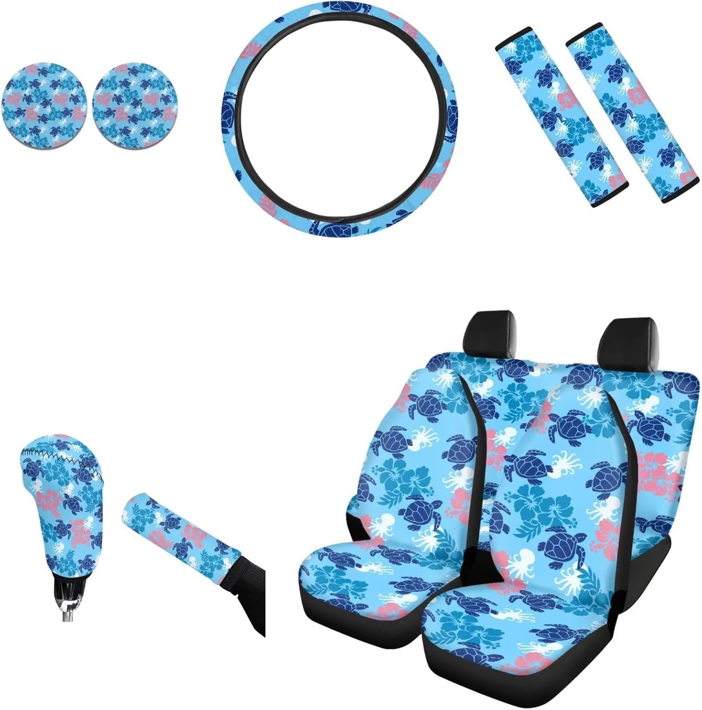 AFPANQZ Nebula Galaxy Car Seat Covers with Steering Wheel Cover, Seat Belt Shoulder Pads, Cup Holder Coasters, Gear Shift Knob and Handbrake Protector Cushion Full Set of 11 for Men Women Gift Navy