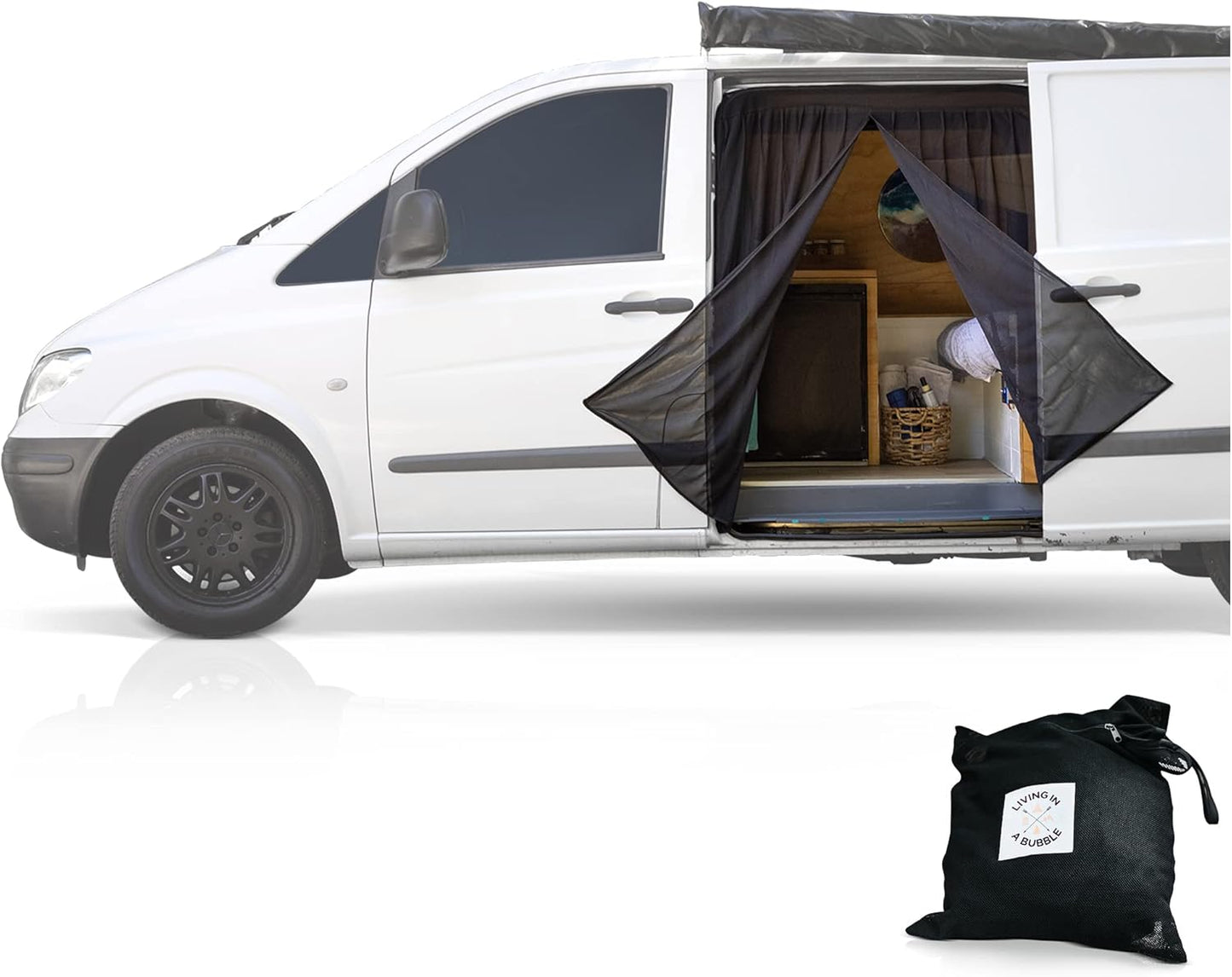 Living in a Bubble Van Bug Screen for Standard Roof Mercedes Benz Sprinter and Ford Transit, Universal Size Rear Door Flyscreen Mosquito Net, Center Zipper Closure