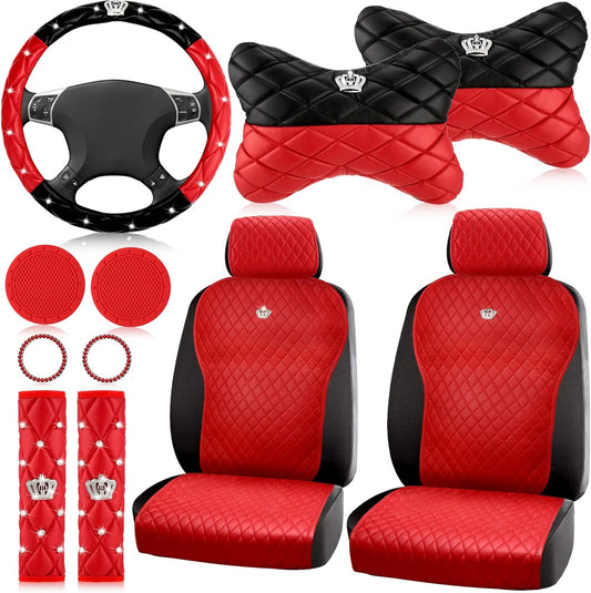 Lauwell 11 Pcs Red Seat Covers Universal Leather Cover for Women 2/3 Covered Gorgeous Steering Wheel Car Neck Pillow Belt Pads Start Button Auto Cup Holder Fit SUV