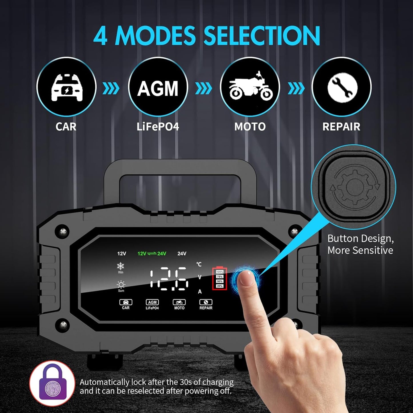 YONHAN Battery Charger 20A 12V/24V LiFePO4 Lead Acid Fully Automatic Battery Maintainer, Car Battery Trickle Charger Automotive w/Battery Repair, Winter Mode, for AGM, STD, Gel, Deep Cycle Batteries