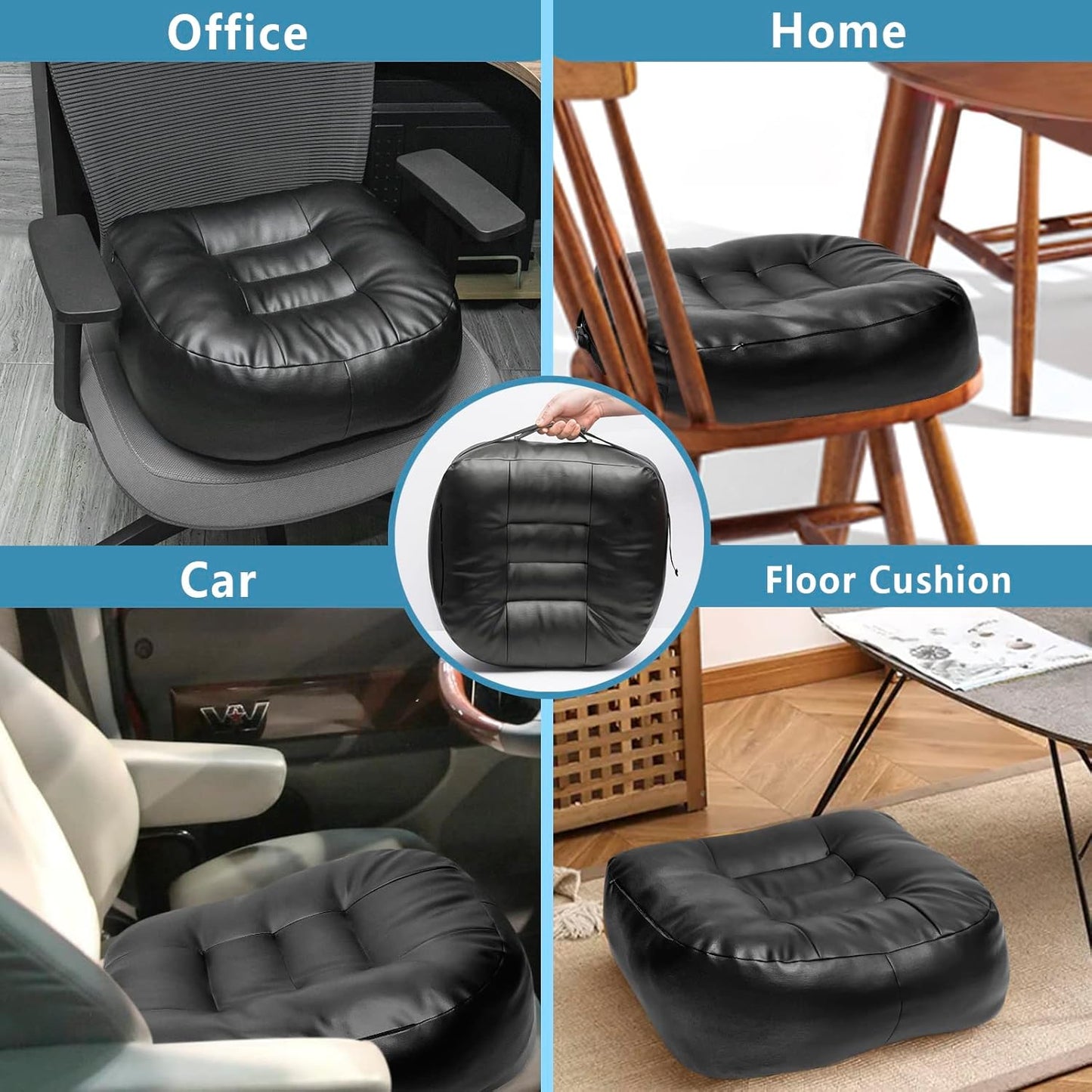 YOUFI Super Thicken Leather Car Seat Cushion for Adults - Portable Angle Lift Seat Pad with Breathable Cover, Handle, and Buckle - Ideal for Trucks, SUVs, and Office Chairs(Black)