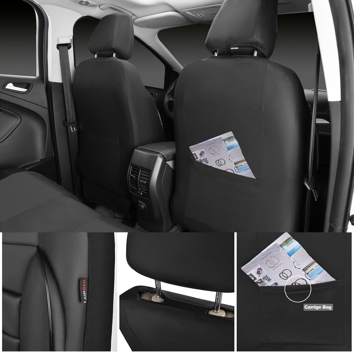 CAR PASS Leather Seat Covers Full Set Universal Water Resistant 3D Foam Back Support, Luxury Comfort Automotive 5 Seat Covers All Season Fit for SUV,Sedan,Van, Airbag Compatible Elegance(Black)