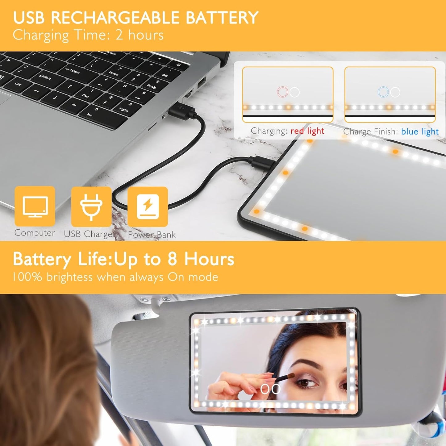 Rechargeable Car Sun Visor Makeup Vanity Mirror, 3 Light Modes 60 Big LEDs, Dimmable Touch Control Light Up Cosmetic Universal for SUV Gift Women ＆ Girls (Black)