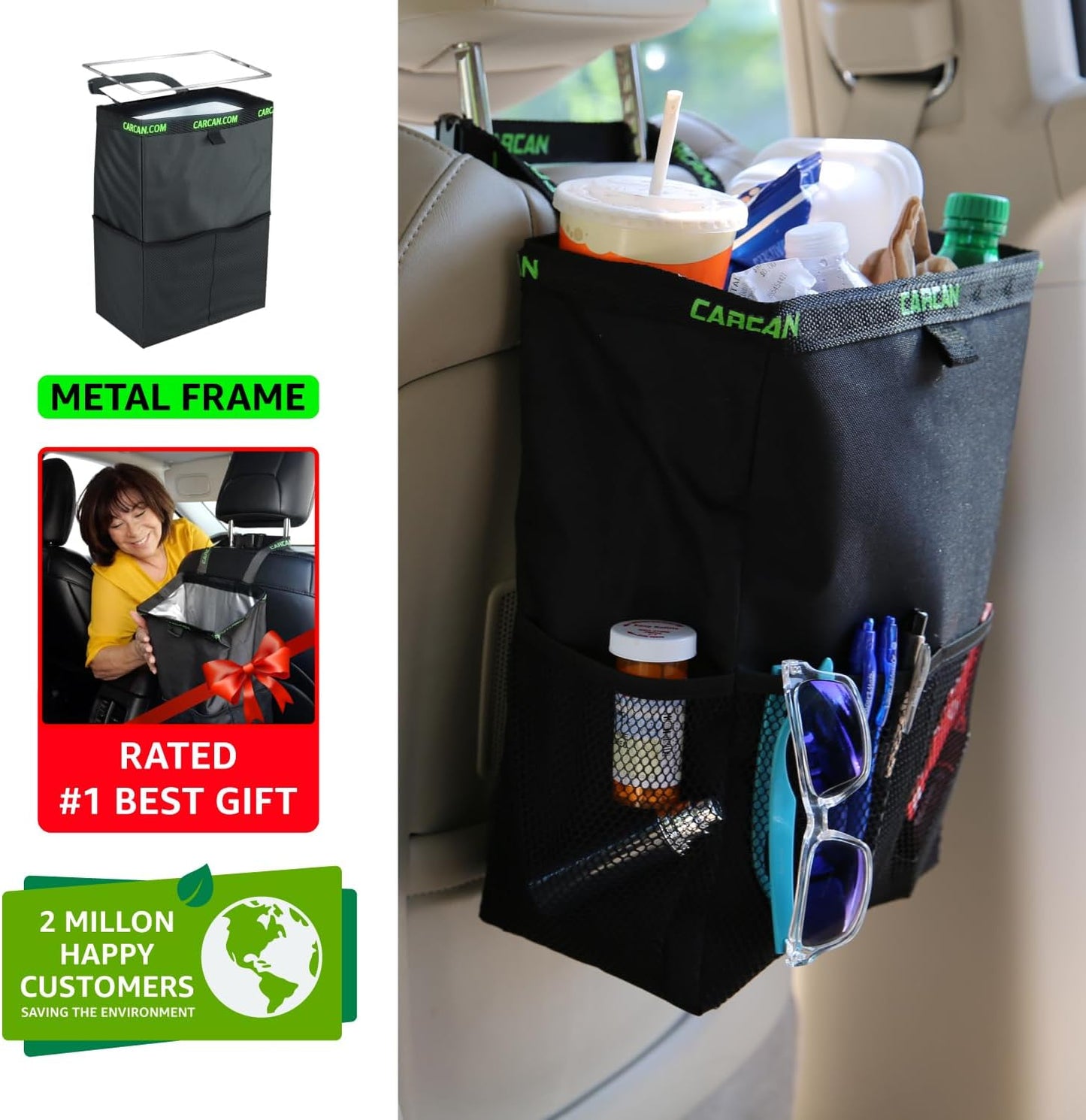 CarCan The Original 3 in 1 Hanging Car Trash Can for Back Seat, Cooler & Storage Bag – Metal Framed, Washable & Reusable Car Trash Bin with 3 Pockets (Pack of 5)