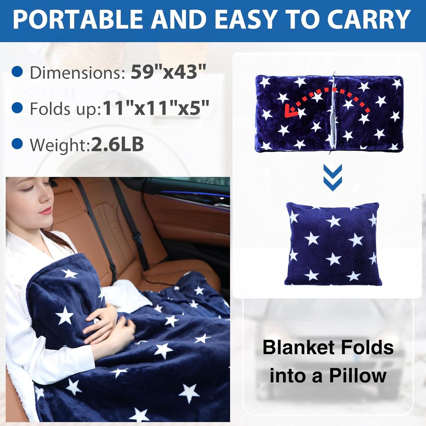 Klaggie Car Heated Blanket - 12-Volt Portable Blanket for Car, Truck, SUV, RV - Soft Flannel and Sherpa - Travel Size 59" x 43"