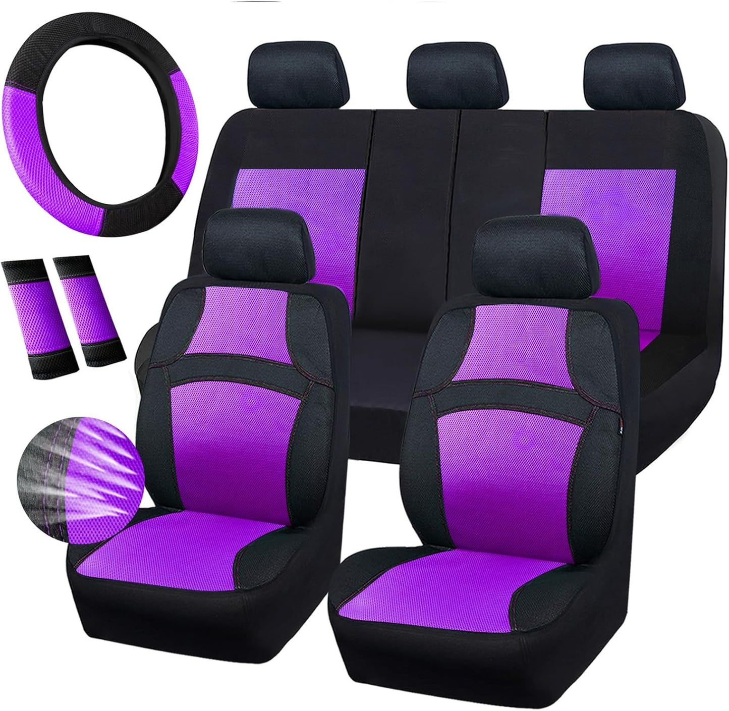 CAR PASS Universal 13PCS 3D Air Mesh-100% Breathable Seat Covers Full Sets#Steering Wheel&Belt Cover #Airbag and Rear Split Bench Compatible#for 90% Automotive SUV Truck Cute Women Black Mint