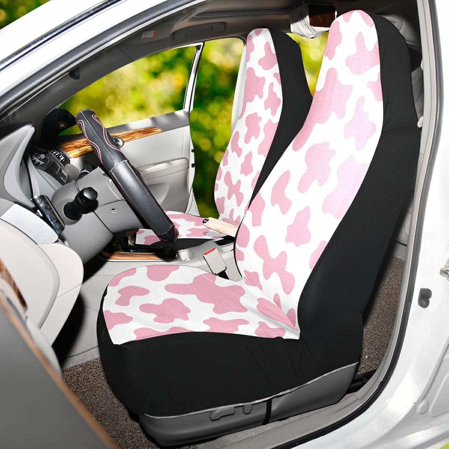 ALAZA Pink Cow Print Camo Camoflage Car Seat Covers Front Seats Only for Women Men Seat Covers w/Organizer Pocket for Cars SUV Truck Sedan, 2 pcs