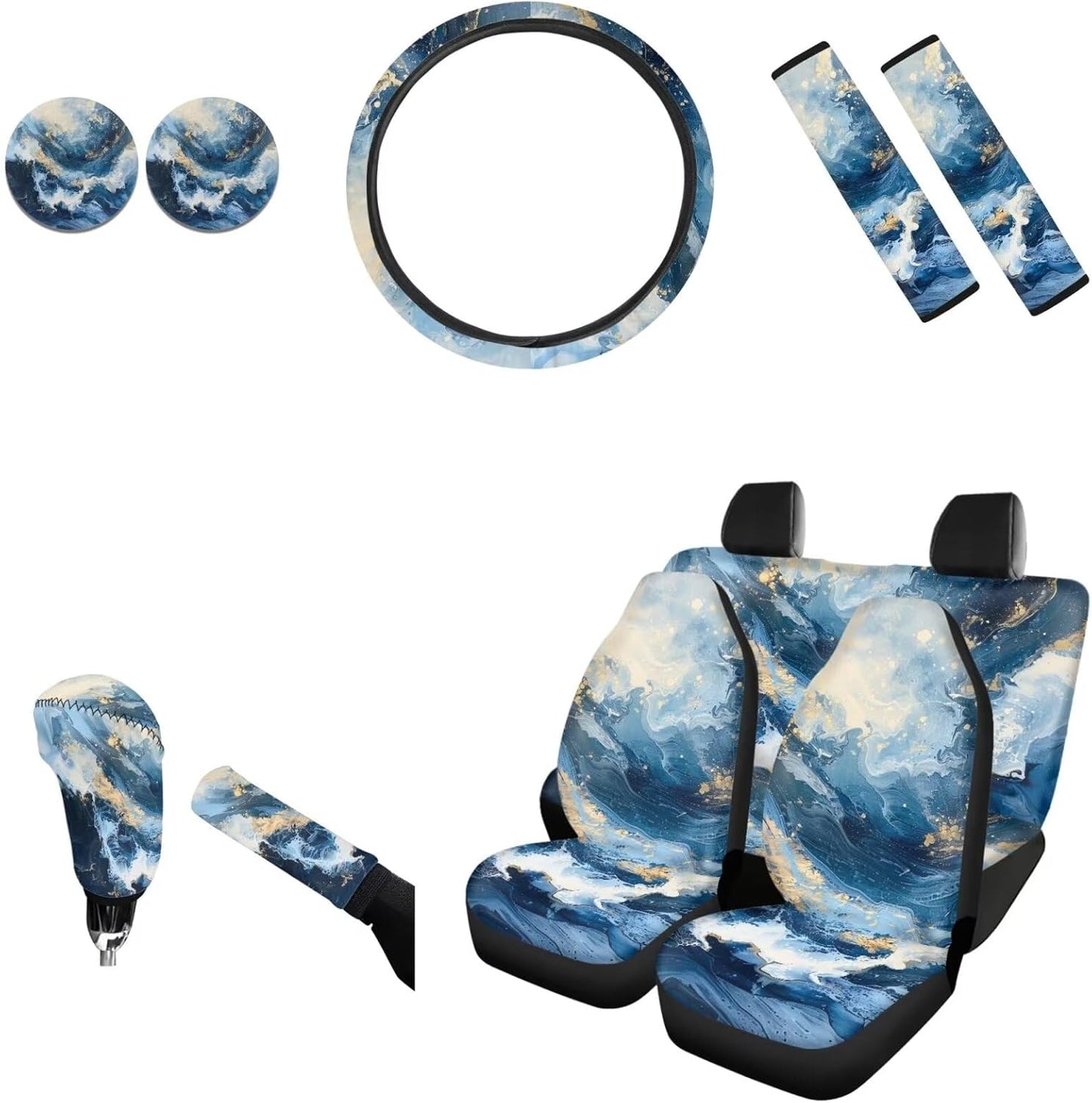 AFPANQZ Nebula Galaxy Car Seat Covers with Steering Wheel Cover, Seat Belt Shoulder Pads, Cup Holder Coasters, Gear Shift Knob and Handbrake Protector Cushion Full Set of 11 for Men Women Gift Navy