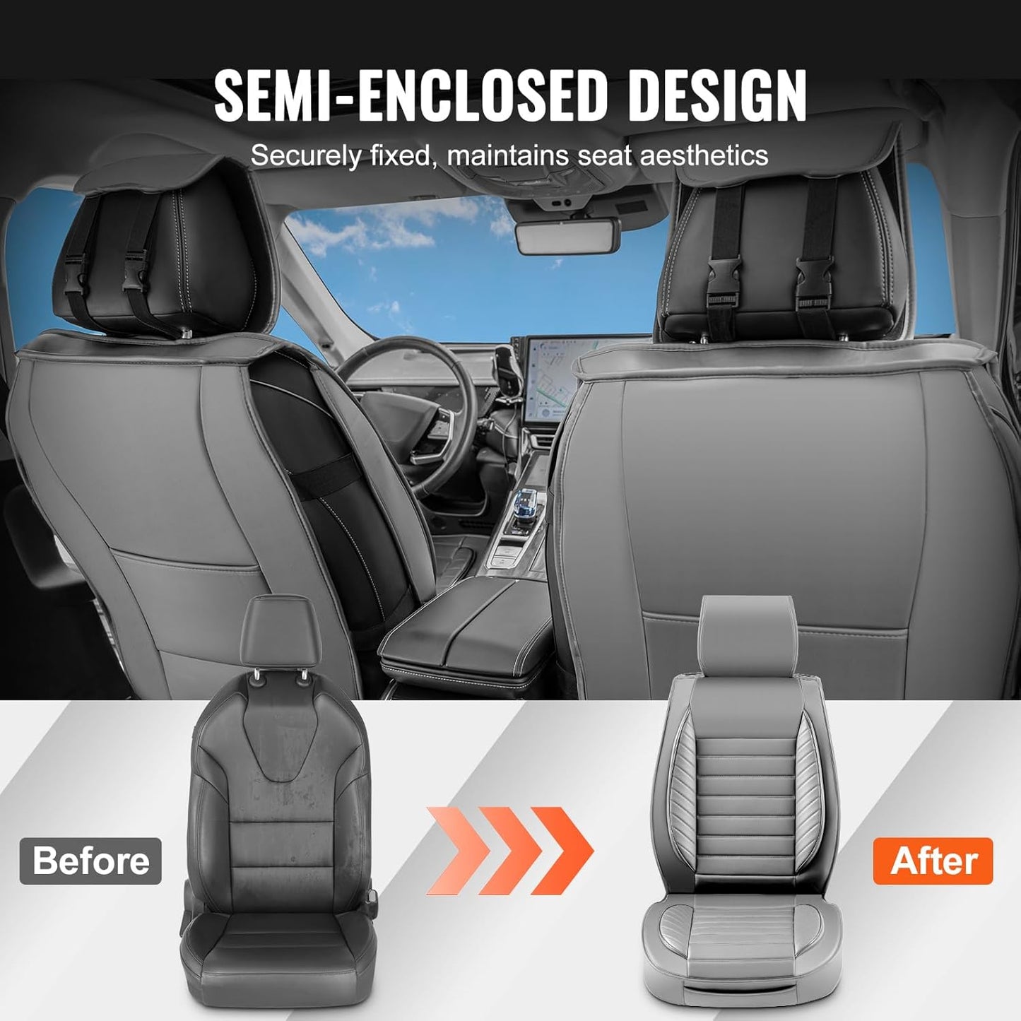 VEVOR Seat Covers, Universal Car Seat Covers Front Seats, 2pcs Faux Leather Seat Cover, Semi-Enclosed Design, Detachable Headrest and Airbag Compatible, for Most Cars SUVs and Trucks Gray